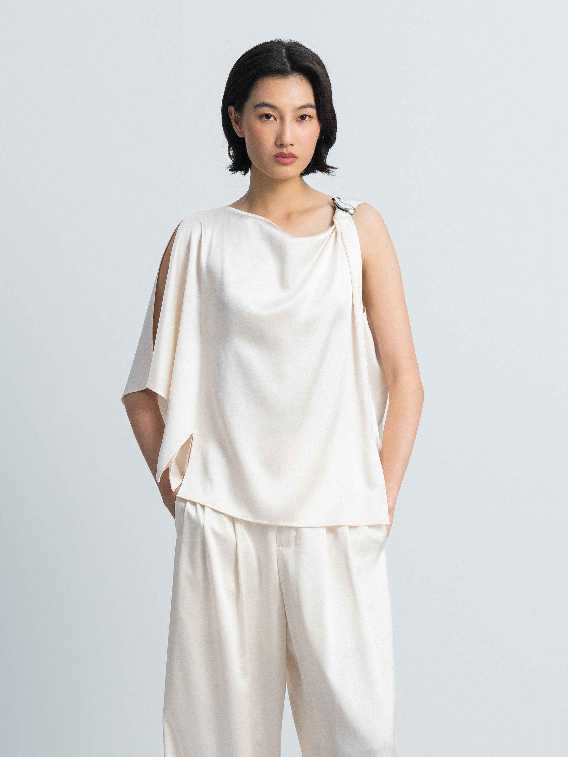 Beige Yellow Mulberry Silk Satin Shoulder Knot Sleeveless Top