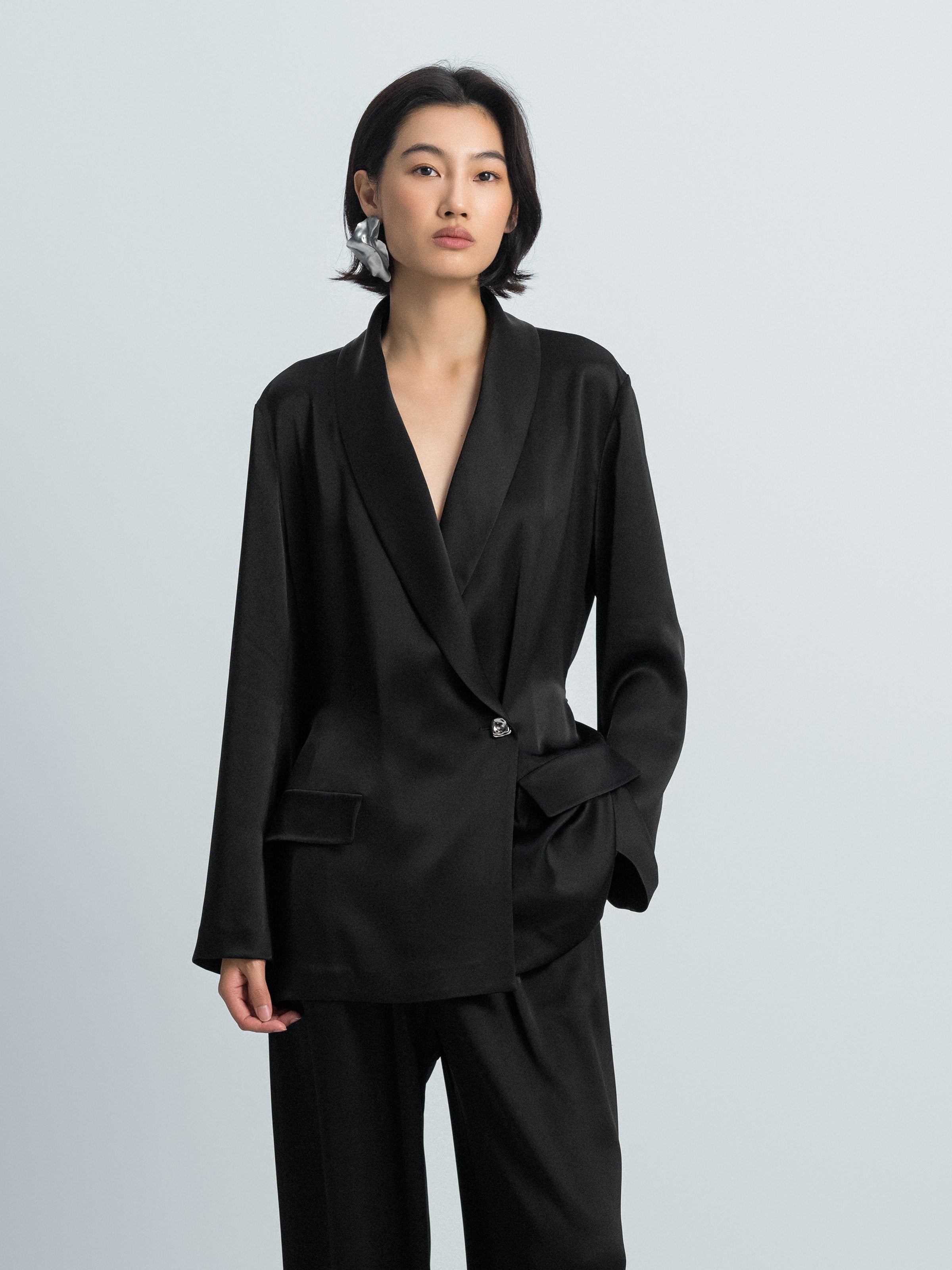 Black Water Wave Satin Shawl Collar Drawstring Blazer