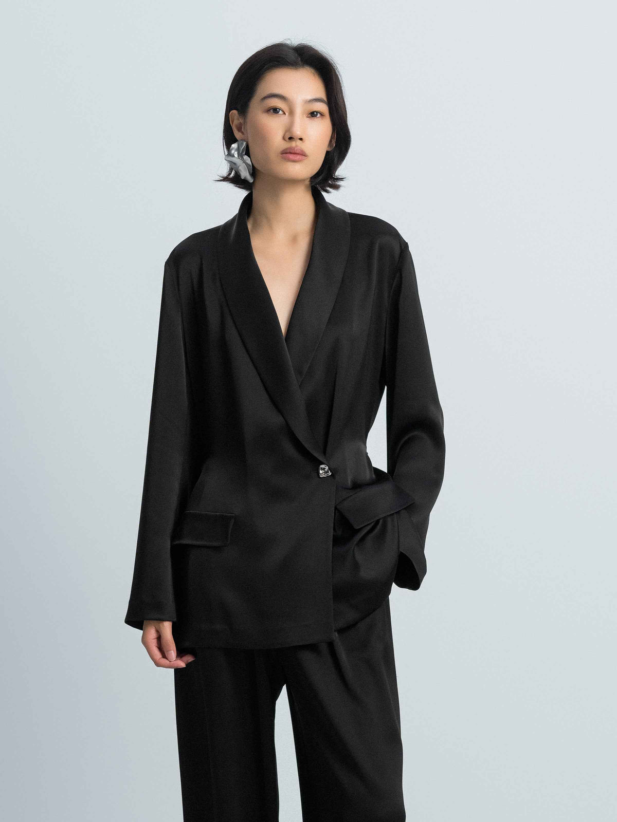 Black Water Wave Satin Shawl Collar Drawstring Blazer