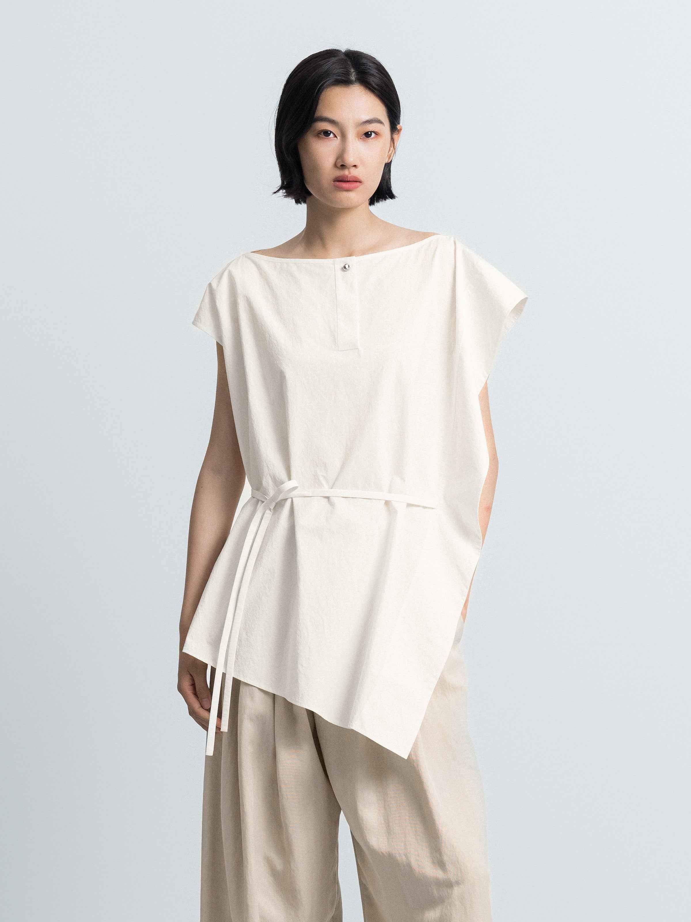 Cream White Pima Cotton Asymmetric Belt Waist Sleeveless Top