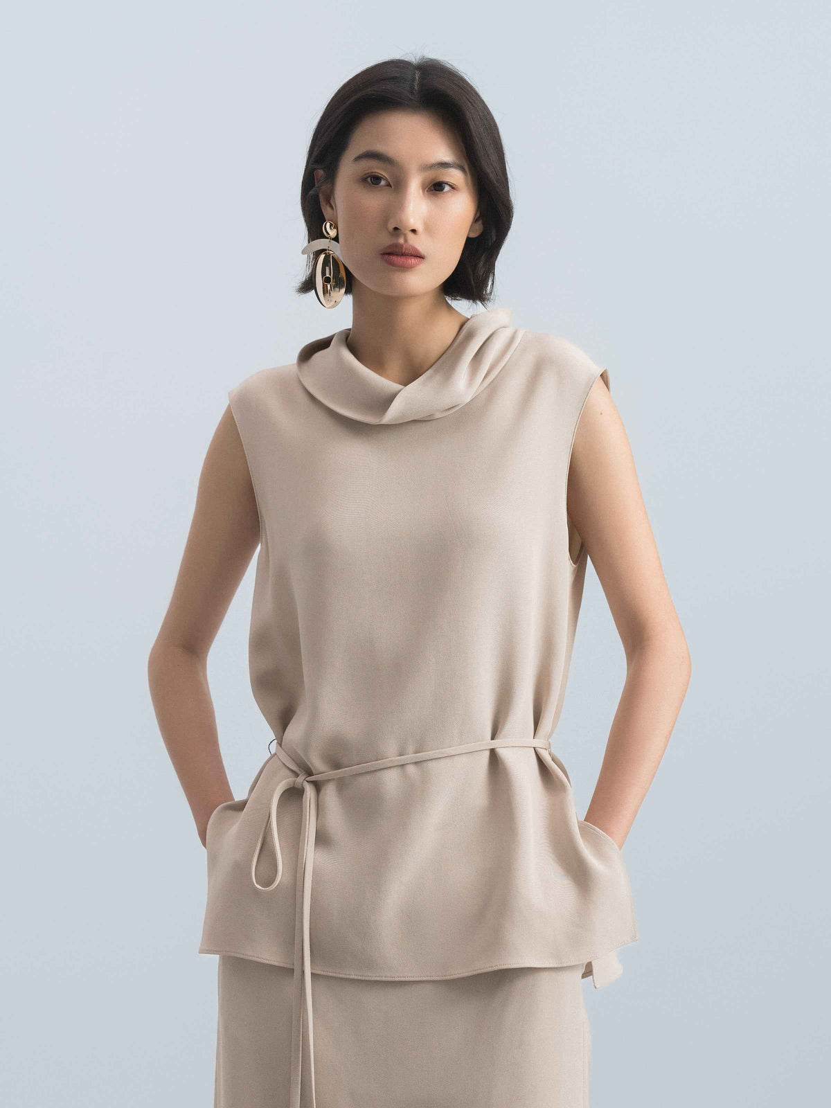 Light Khaki Mulberry Silk Cowl Neck Drawstring Sleeveless Top