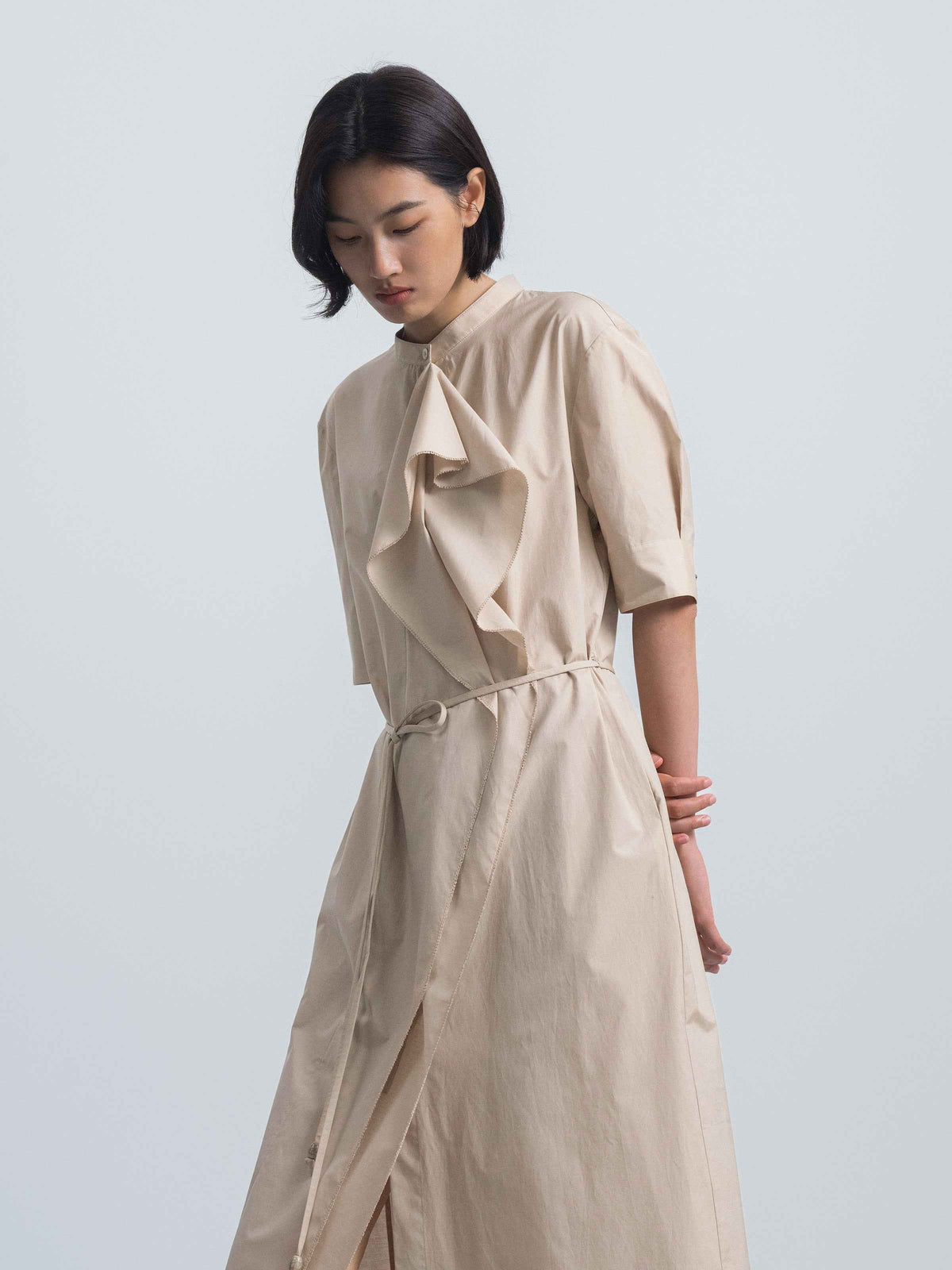 Light Khaki Cotton Poly A-Line Tie Neck Shirt Dress