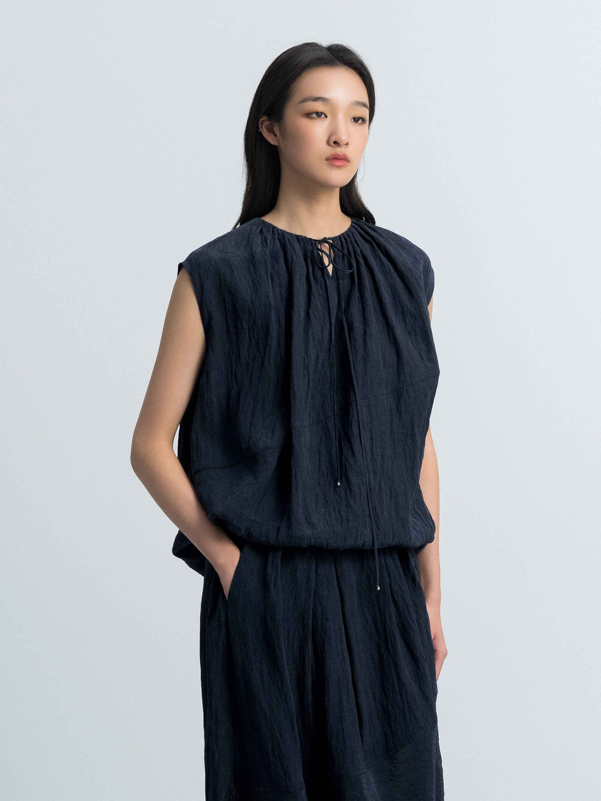 Navy Blue Tencel Snow-Washed Drawstring Cocoon Sleeveless Top