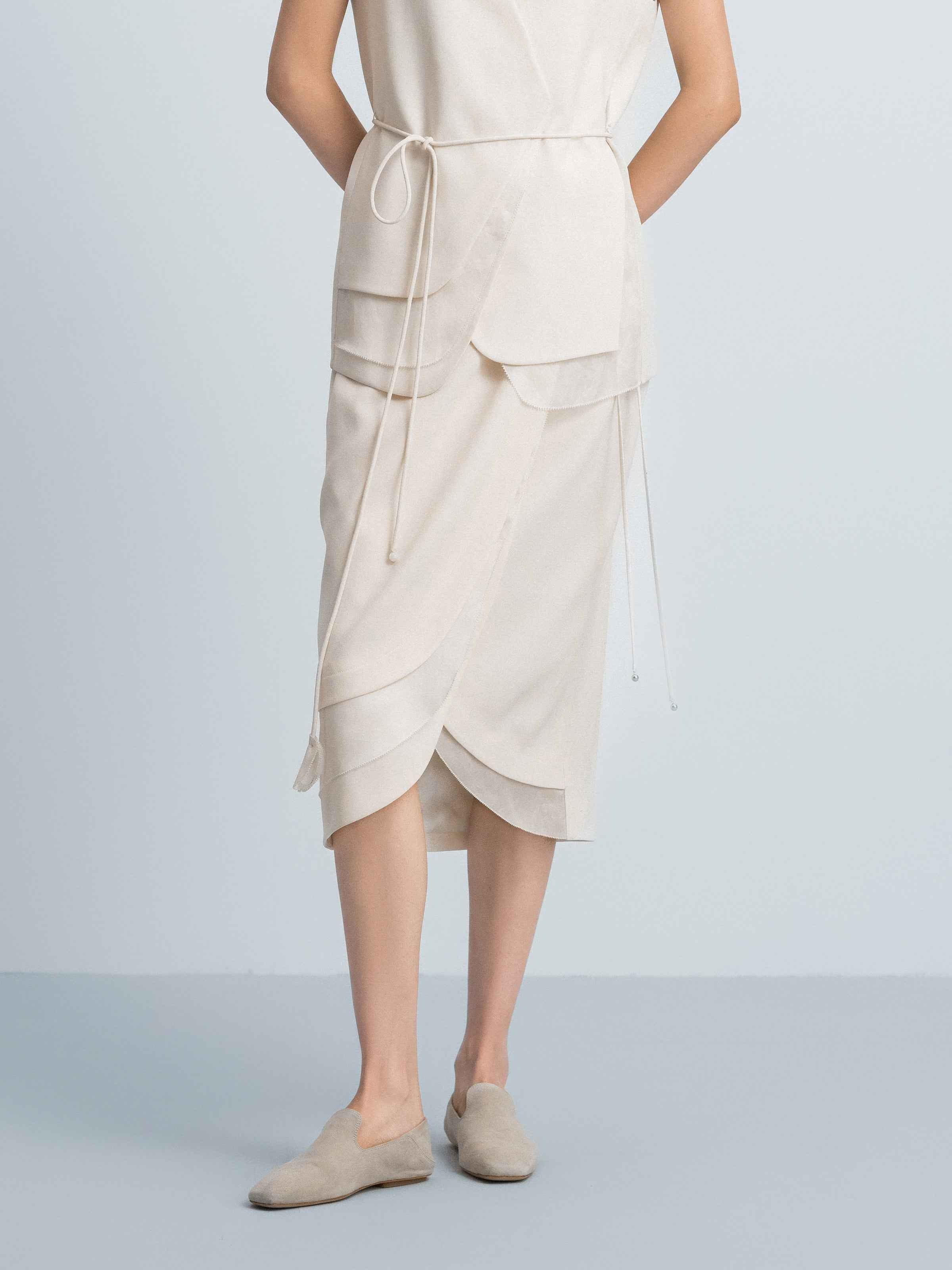 Cream White Triacetate Mesh Cocoon Tassel Tie Midi Skirt