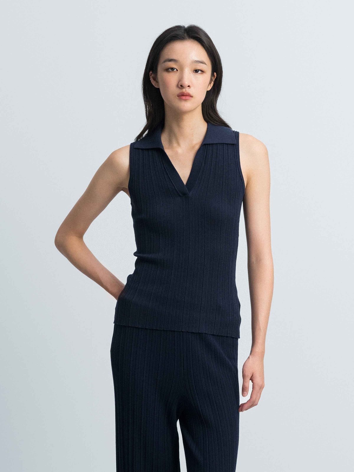 Navy Blue Tencel Acetate Vertical Rib Fitted Slim Sweater