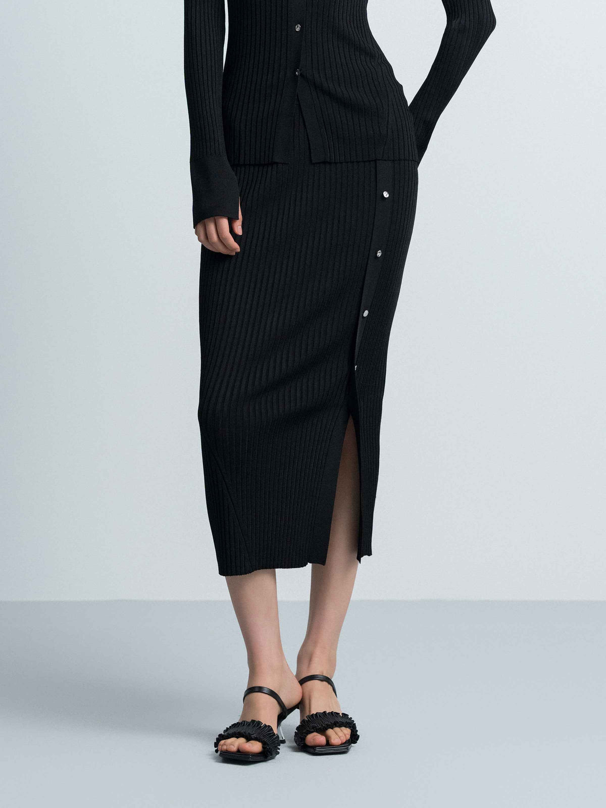 Black Viscose Blend Straight Asymmetric Slit Midi Skirt