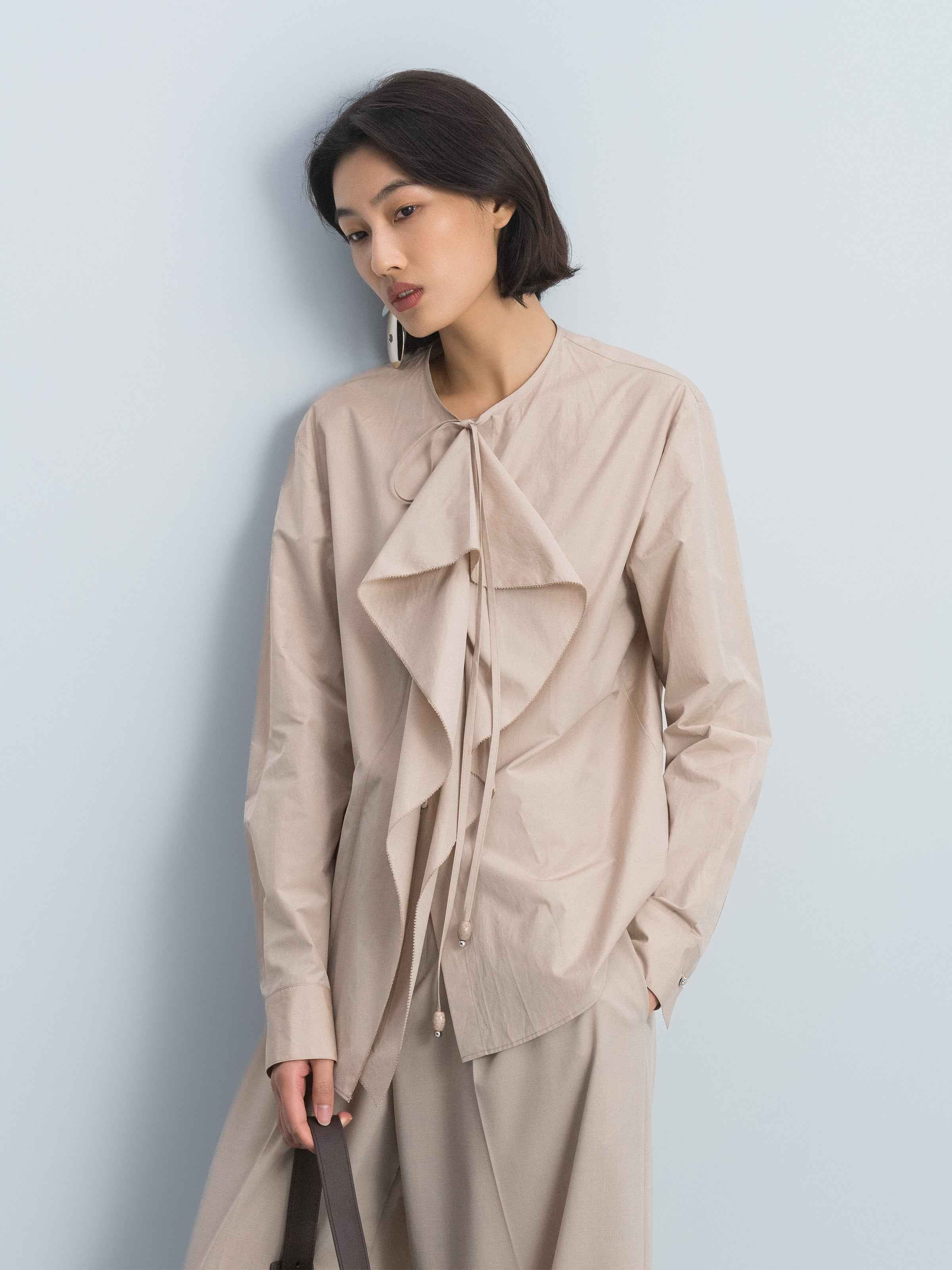 Light Khaki Cotton Poly Bead Tie Eyelash Embroidery Shirt