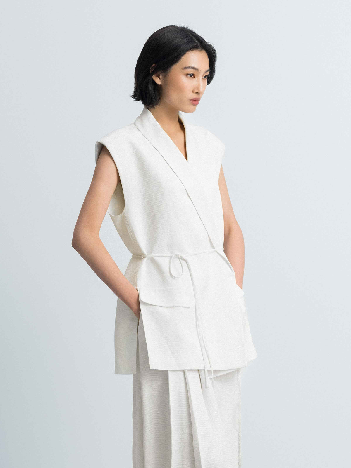 Cream White Rayon Jacquard Shawl Collar Self-Tie Vest