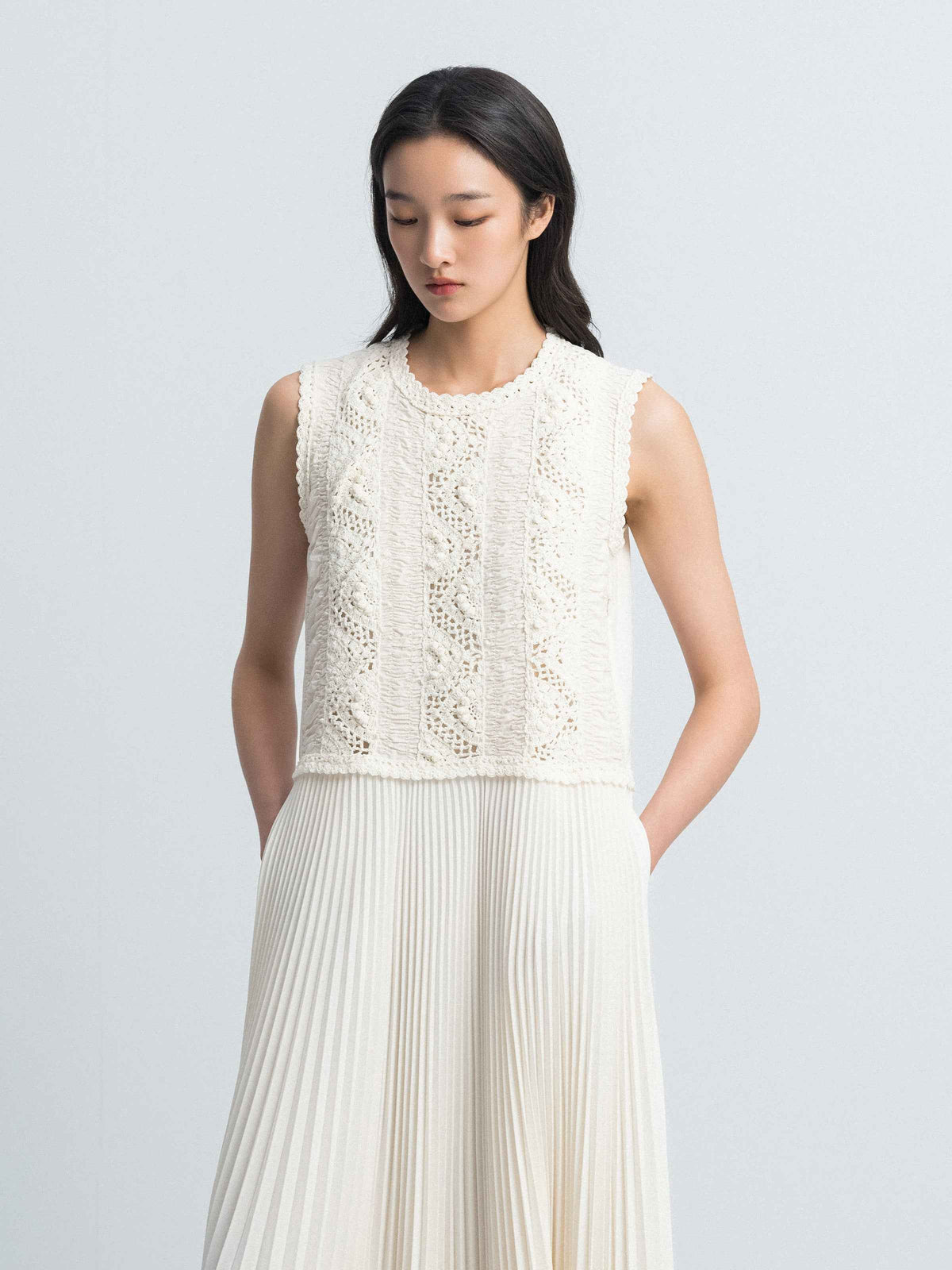 Cream White Pima Cotton Crocheted Flower Splice Sleeveless Dress