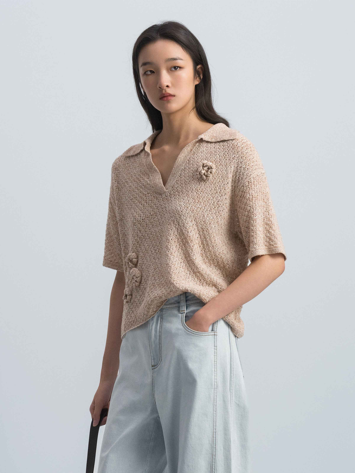 Khaki Cotton Nylon Polo Collar Crocheted Flower Knit Pullover
