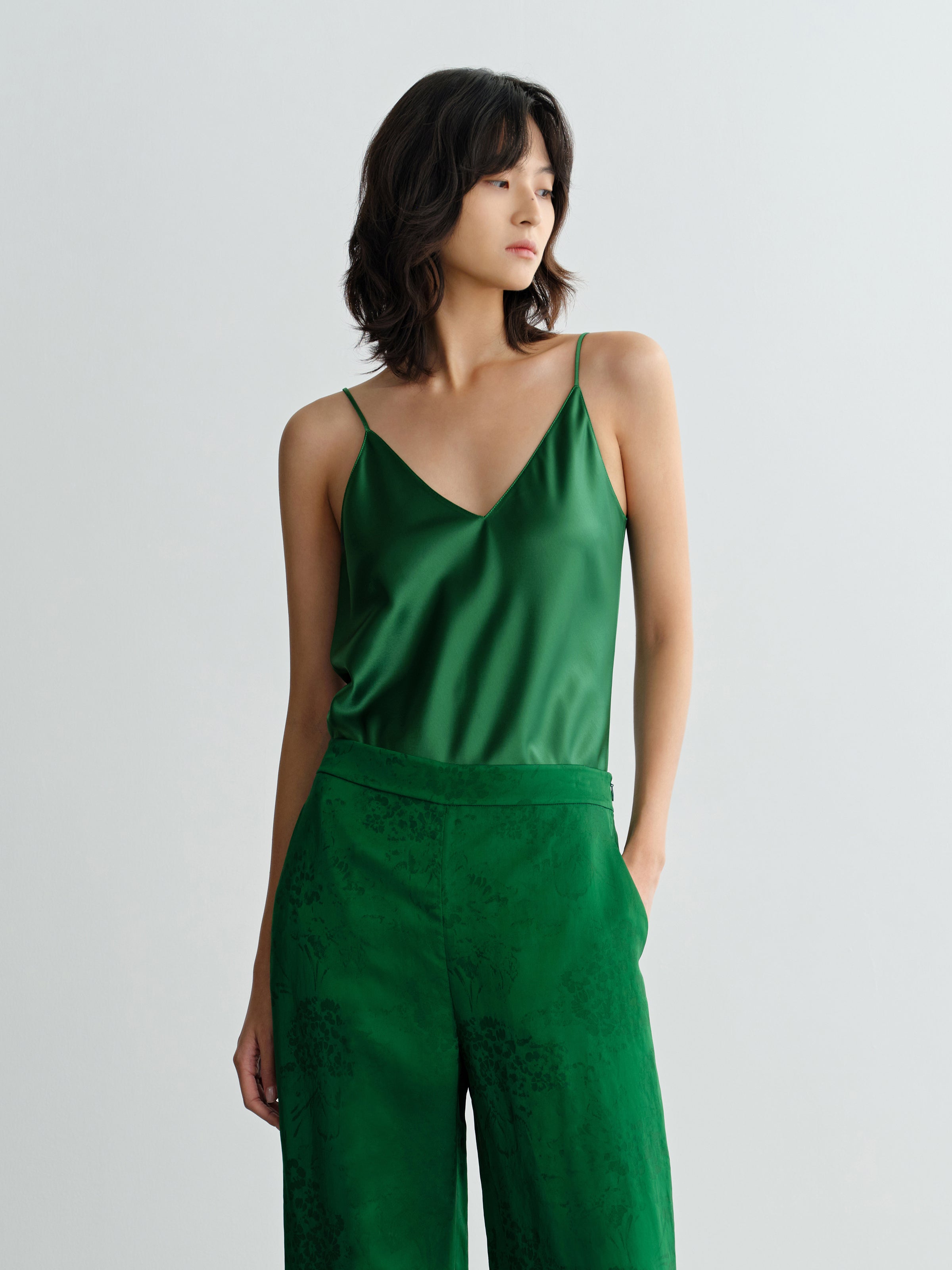 Green Acetate V-Neck Draped Neckline Camisole