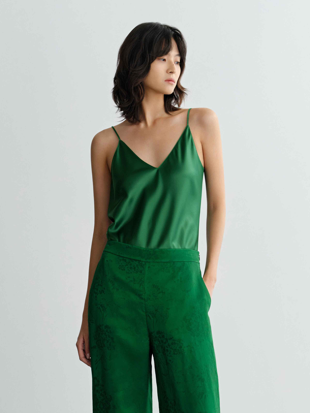 Green Acetate V-Neck Draped Neckline Camisole