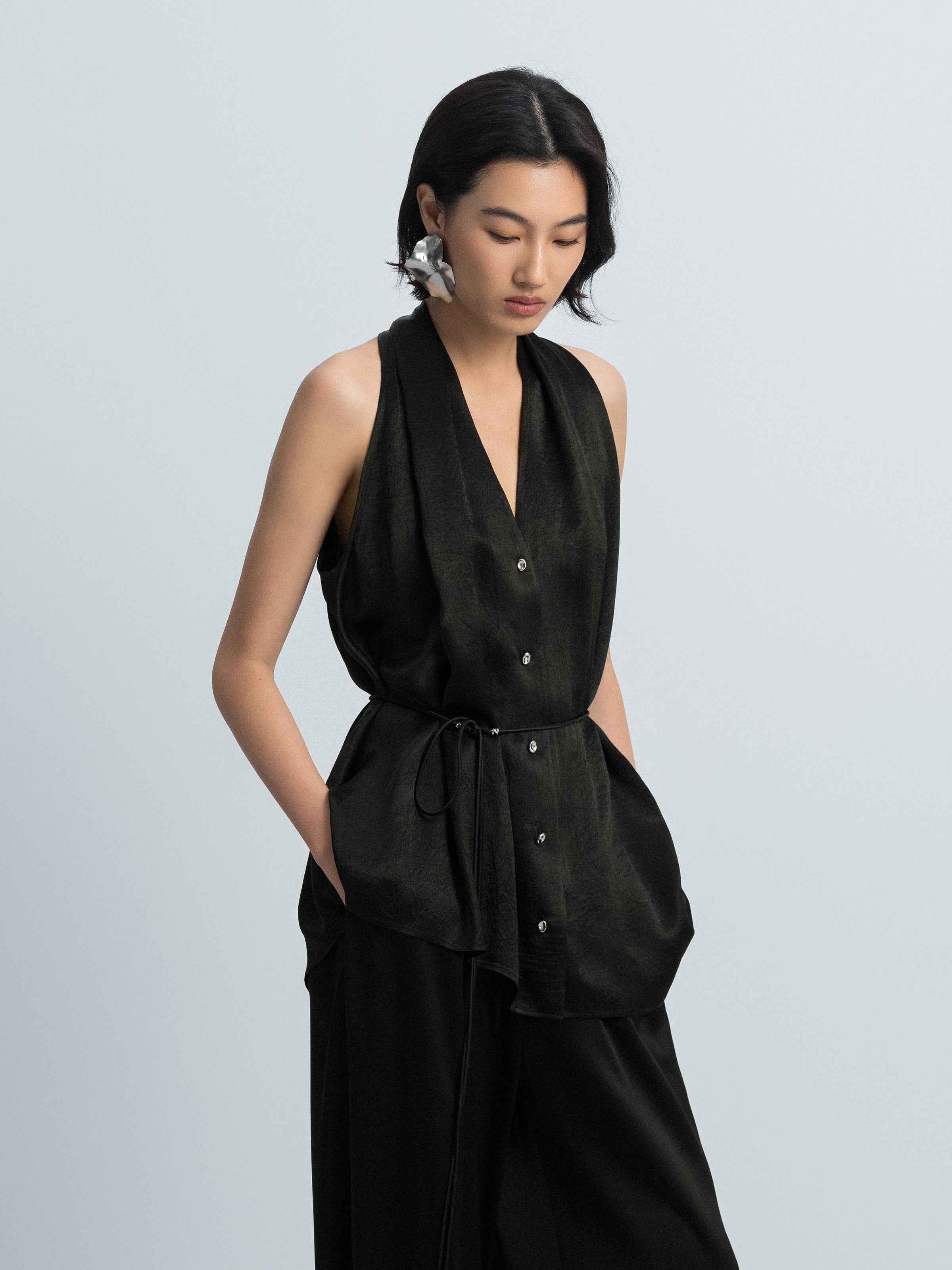Black Acetate Satin Halter V-Neck Belt Waist Sleeveless Top