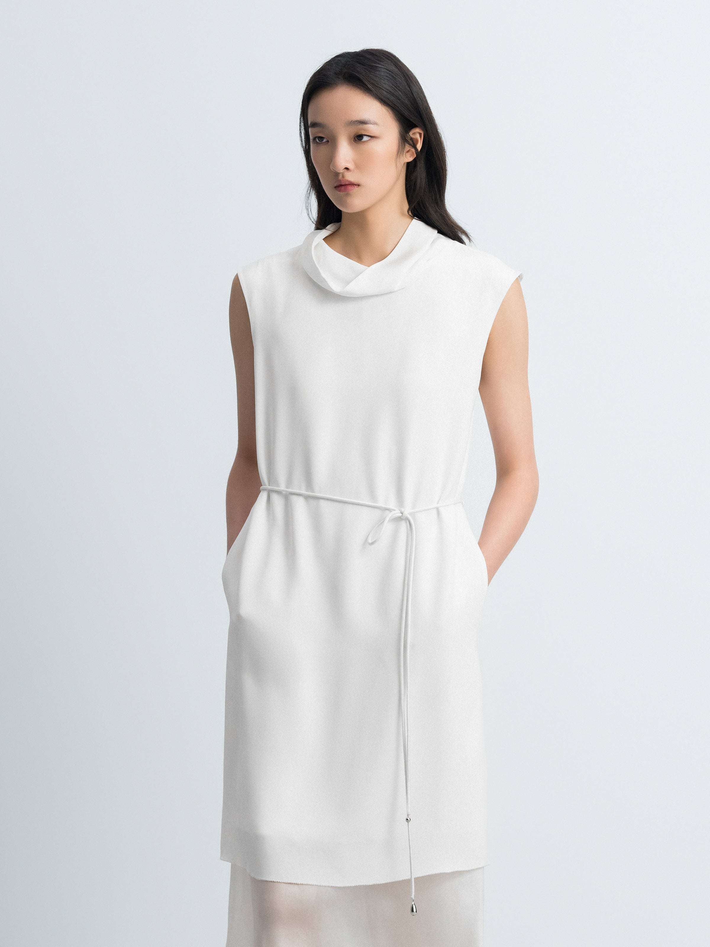 Cream White Mulberry Silk Draped Neck Sleeveless Dress