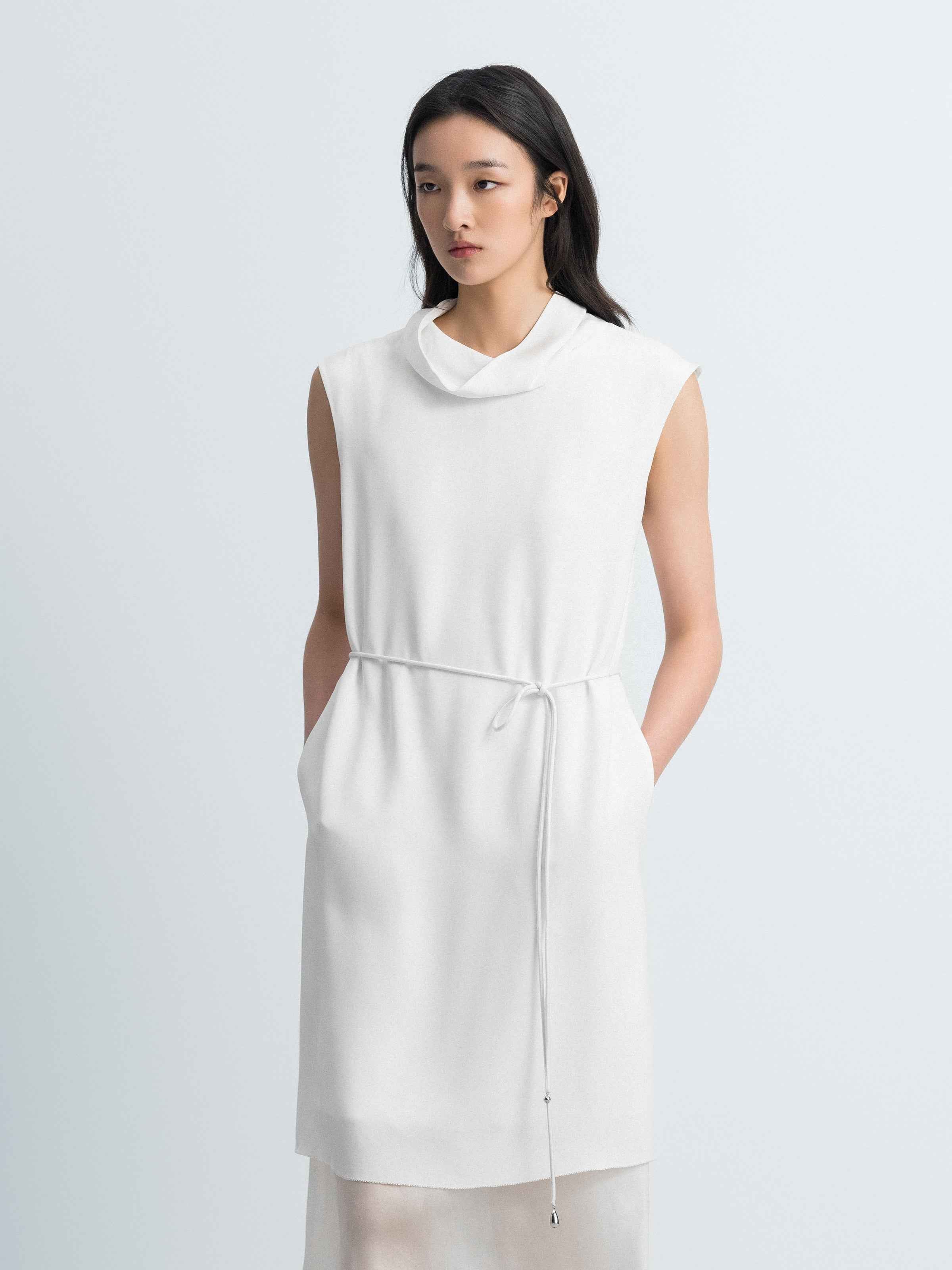 Cream White Mulberry Silk Draped Neck Sleeveless Dress