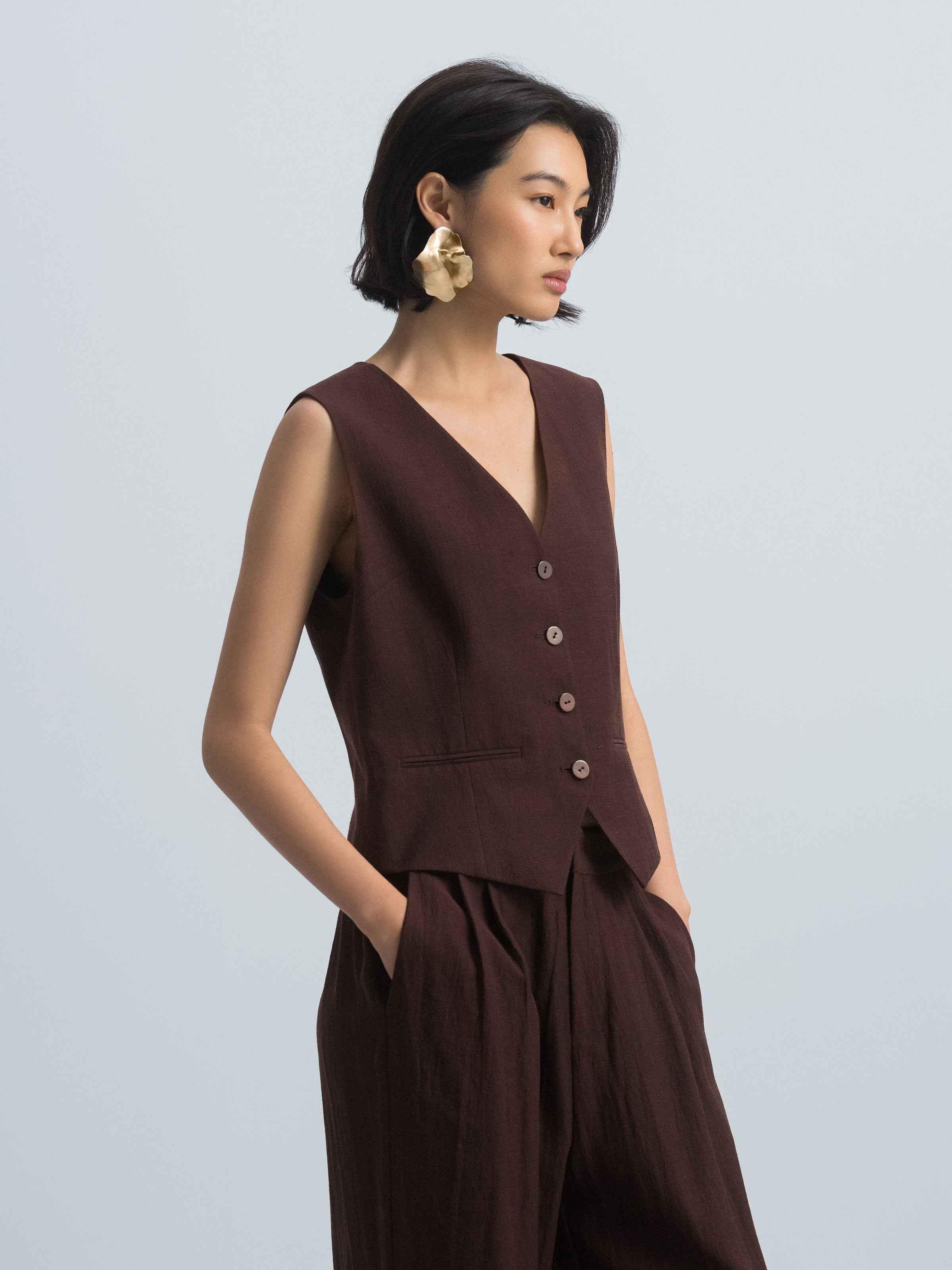 Coffee Brown Linen Blend Shell Button V-Neck Vest