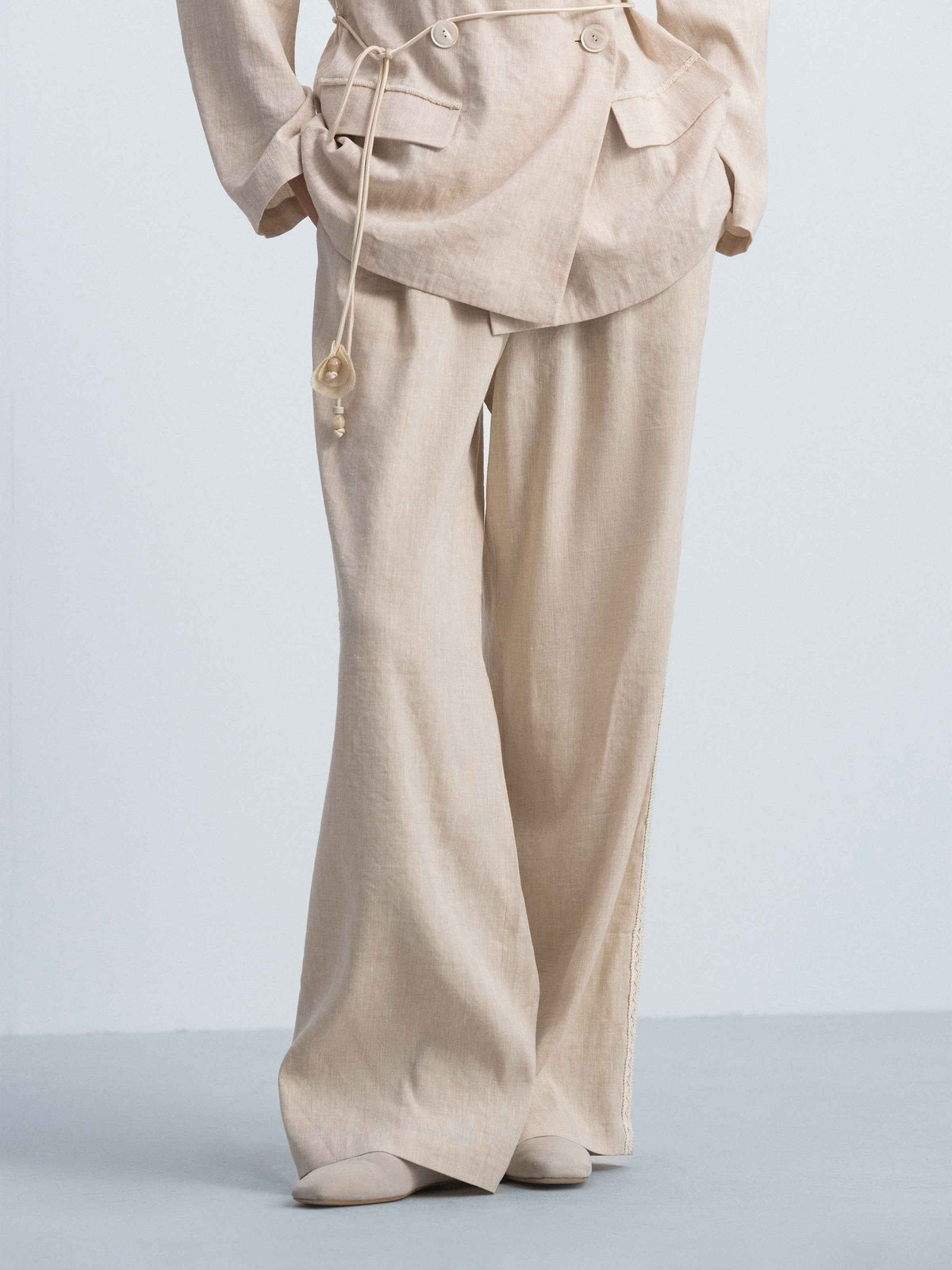 Oatmeal Linen Blend Double Pleat Wide-Leg Trousers