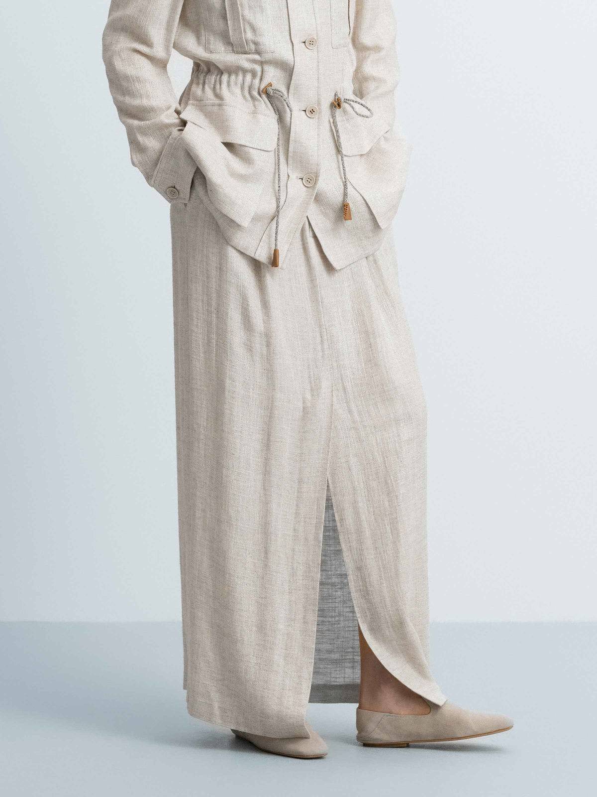 Beige Shimmering Linen Viscose Front Slit Midi Skirt