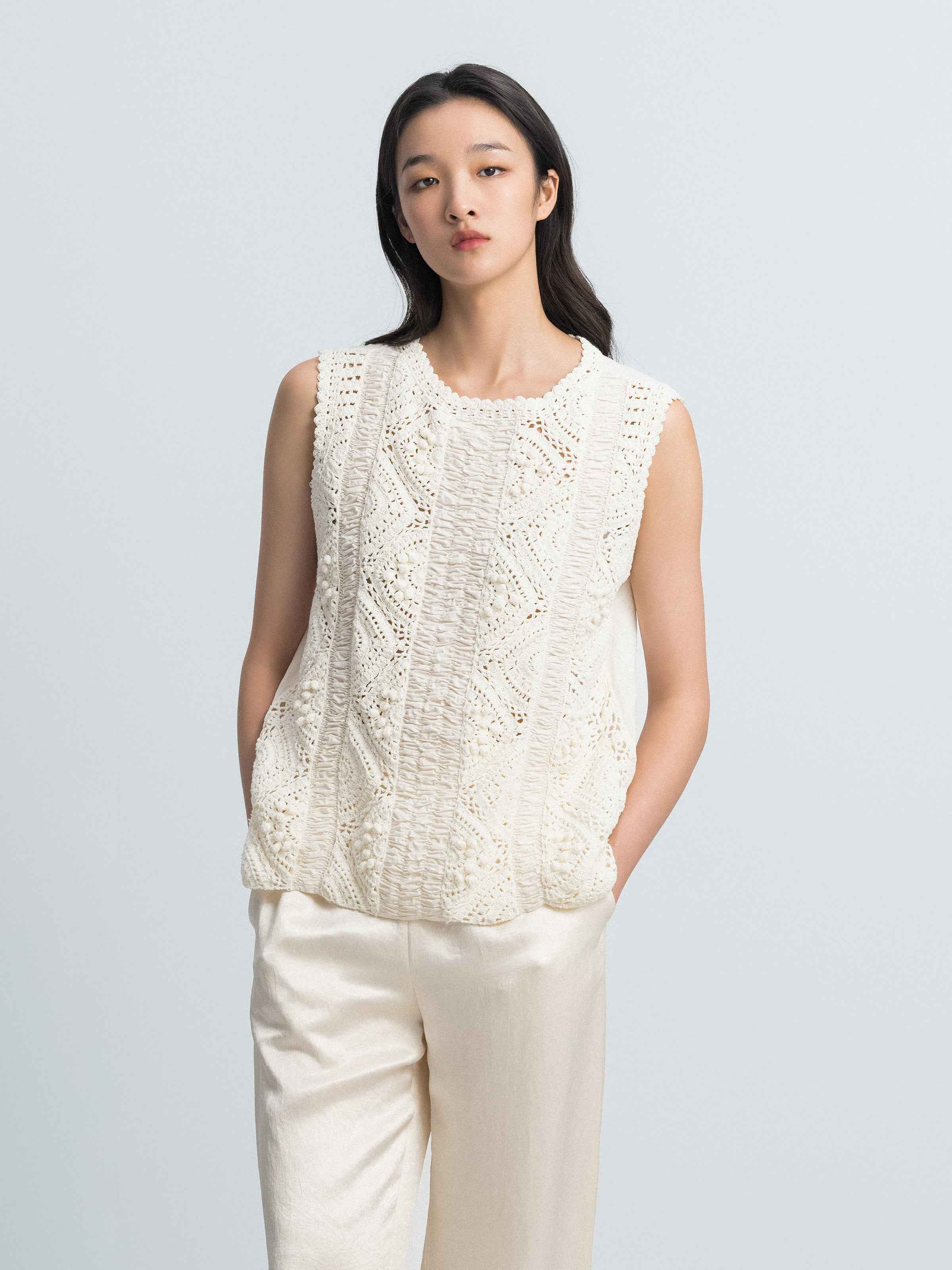 Cream White Pima Cotton Crocheted Flower Straight Sleeveless Top