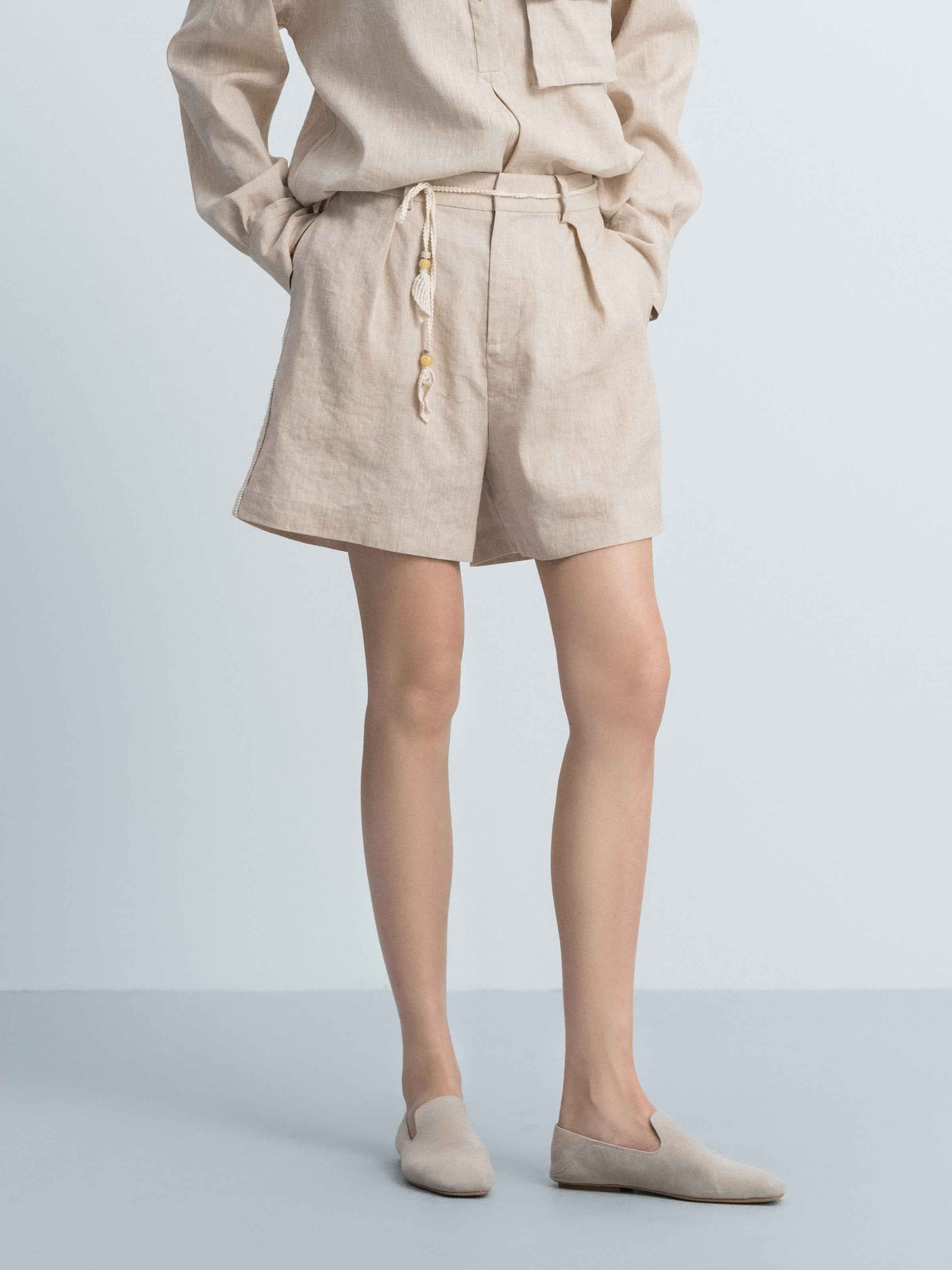 Oatmeal Linen Blend Integrated Waist Wide-Leg Shorts