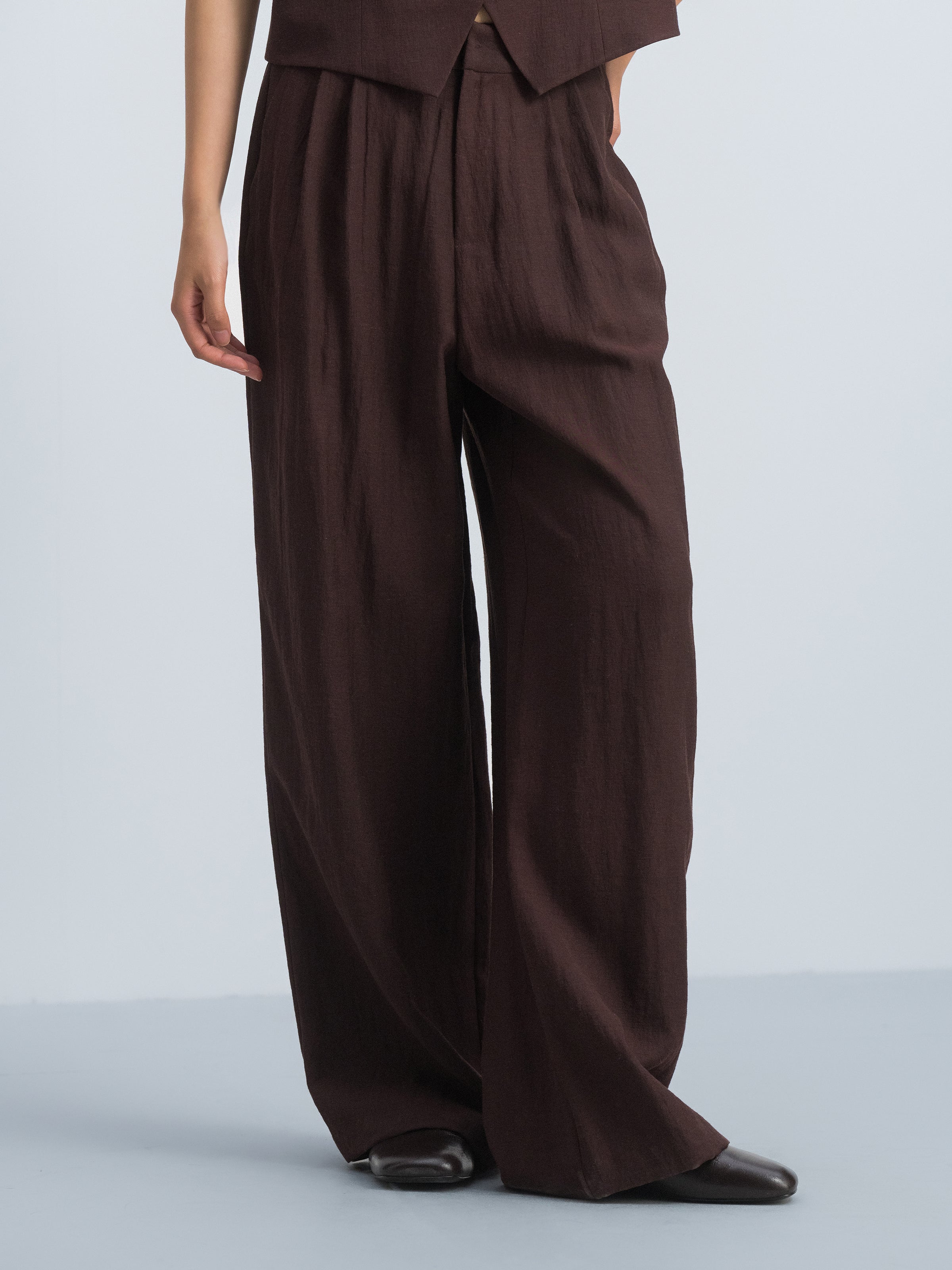 Coffee Brown Linen Blend Elastic Back Wide-Leg Trousers