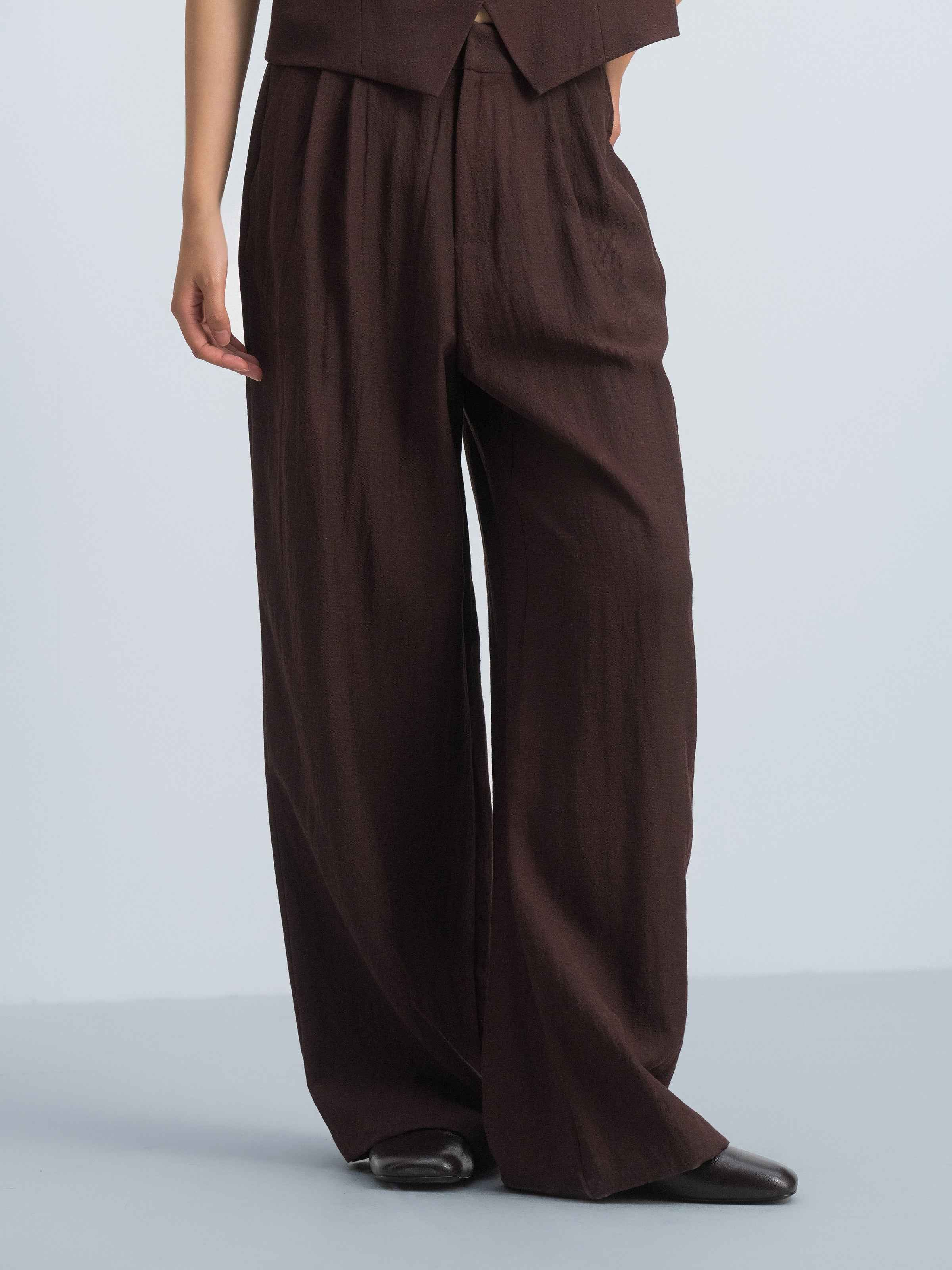 Coffee Brown Linen Blend Elastic Back Wide-Leg Trousers