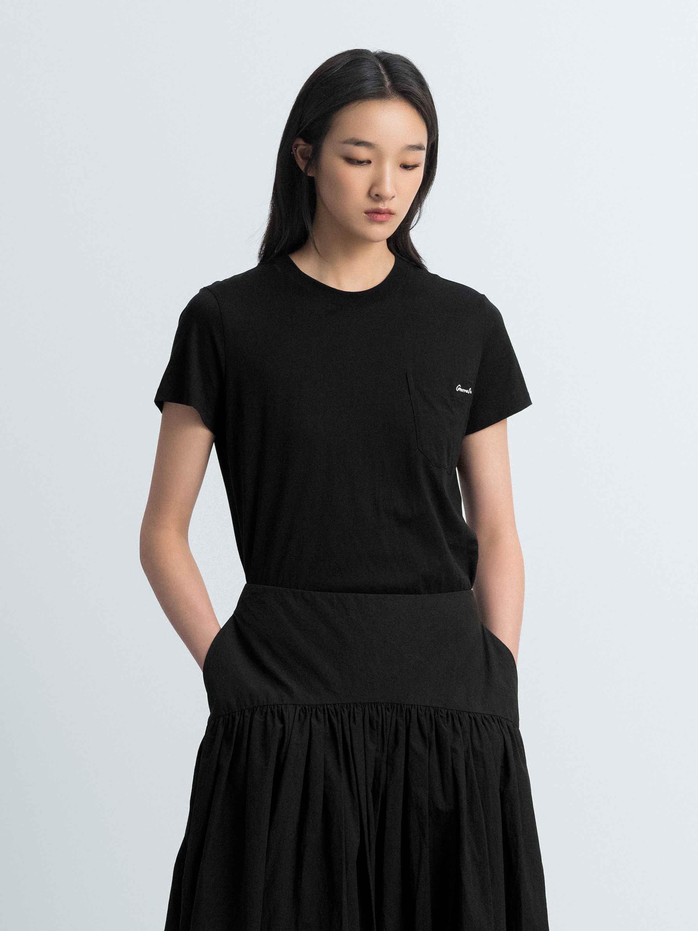 Black Jersey Knit Patch Pocket Logo Embroidery T-Shirt