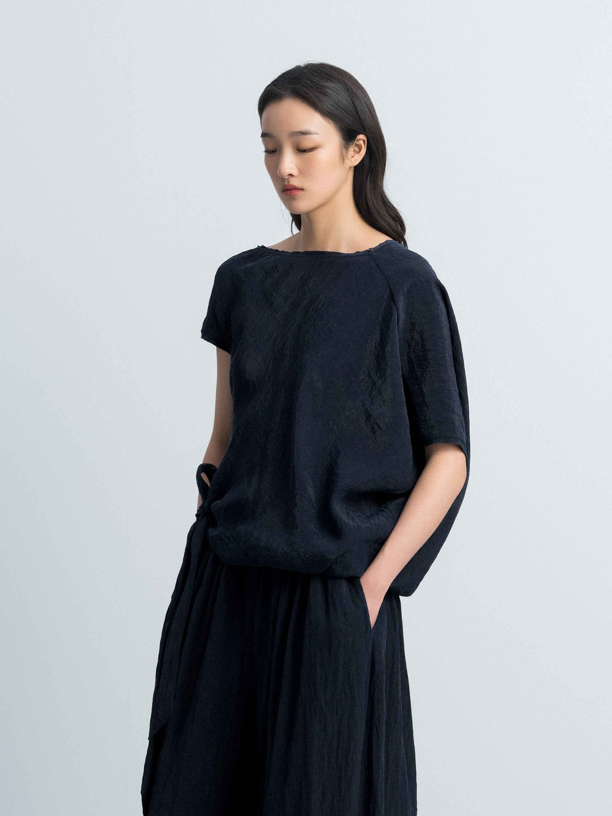 Navy Blue Tencel Snow-Washed Asymmetric Sleeve Cocoon Top