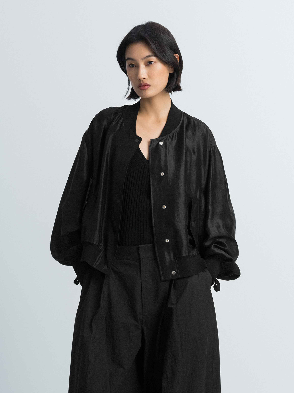 Black Shiny Silk Cropped Drop-Shoulder Drawstring Jacket