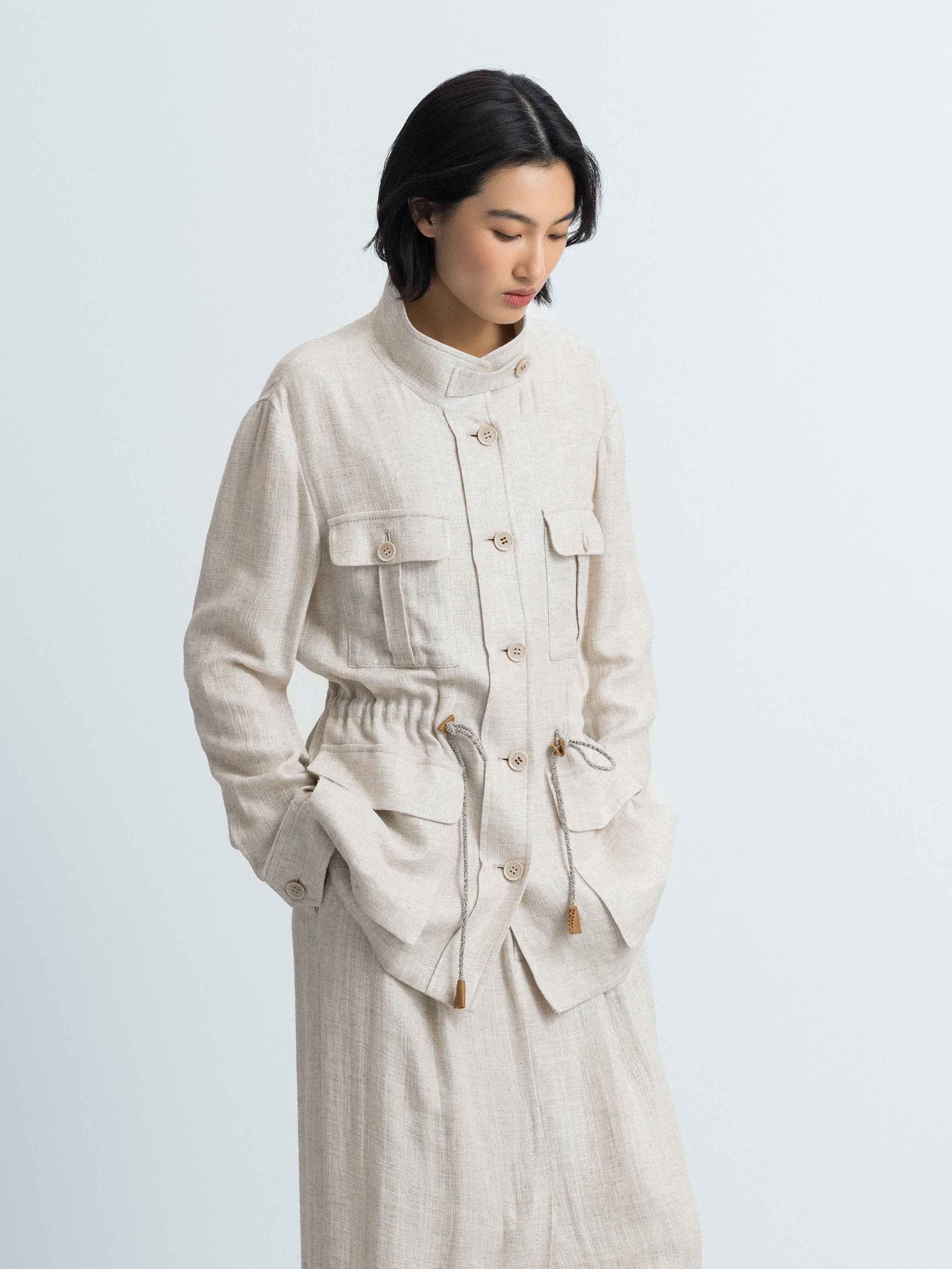 Beige Shimmering Linen Viscose Drawstring Stand Collar Jacket