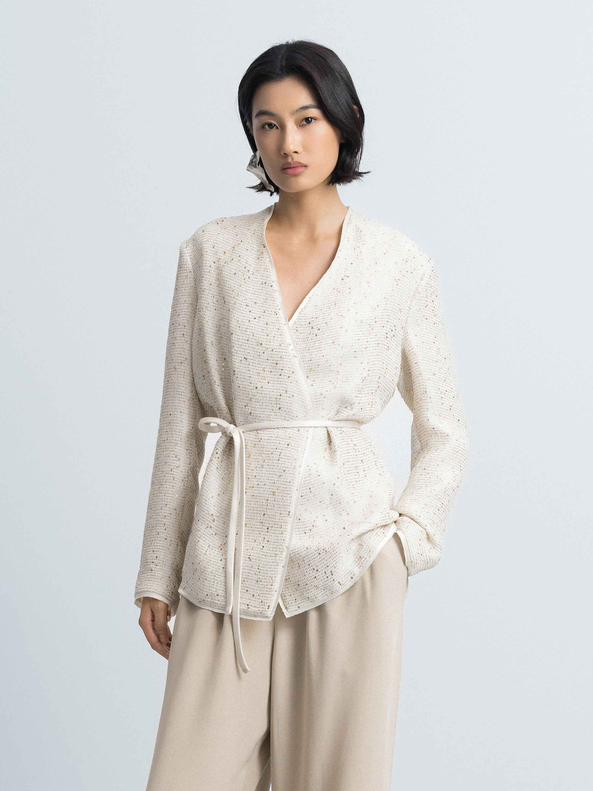 Beige Sequin Stripe V-Neck Satin Belt Blazer