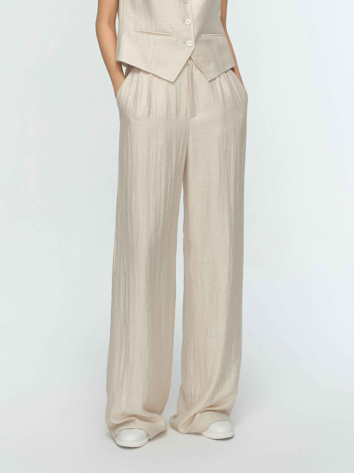Cream White Linen Elastic Back Wide-Leg Trousers