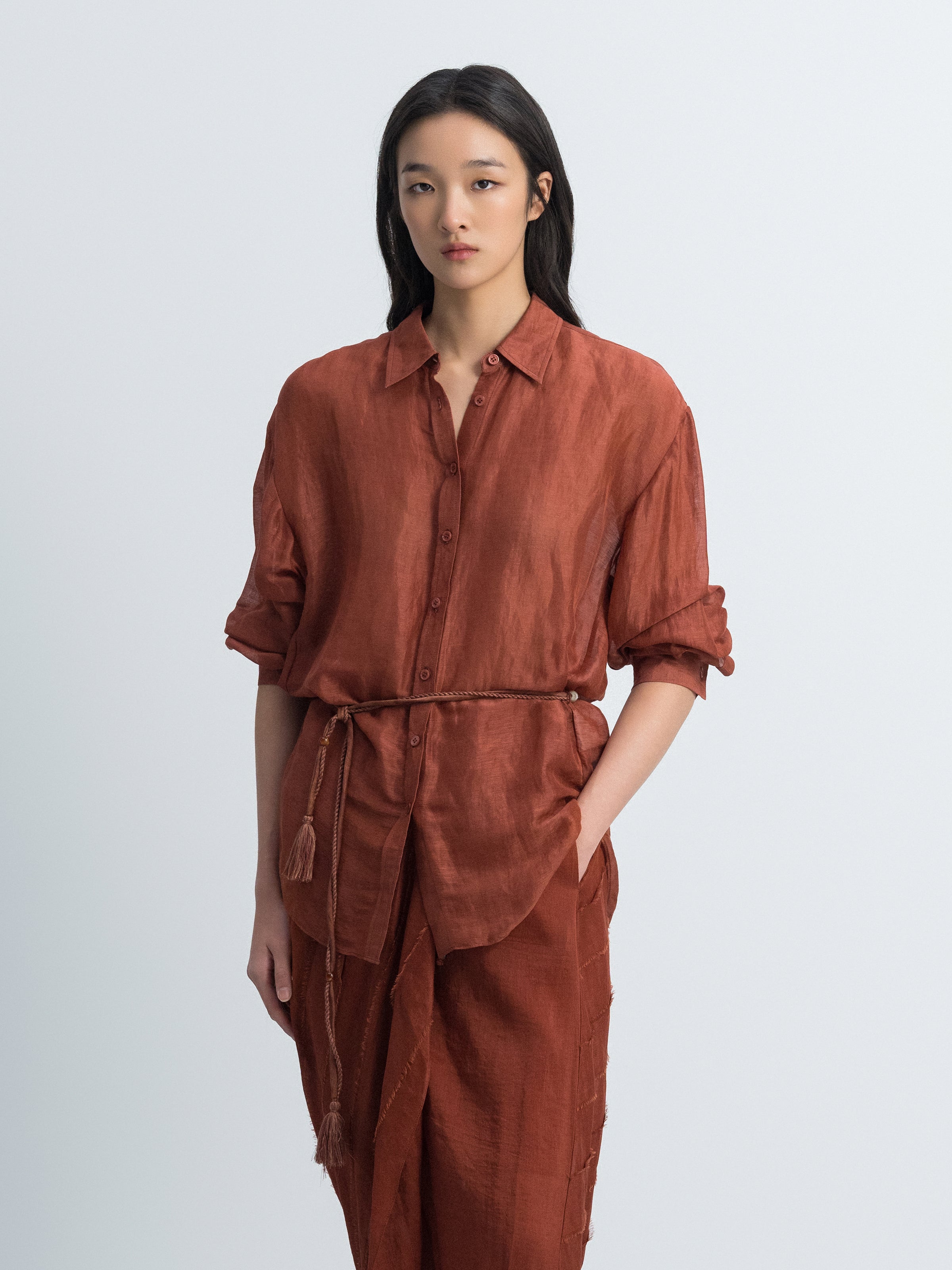Dark Red Silk Linen Bead Tie Drop-Shoulder Long-Sleeve Shirt