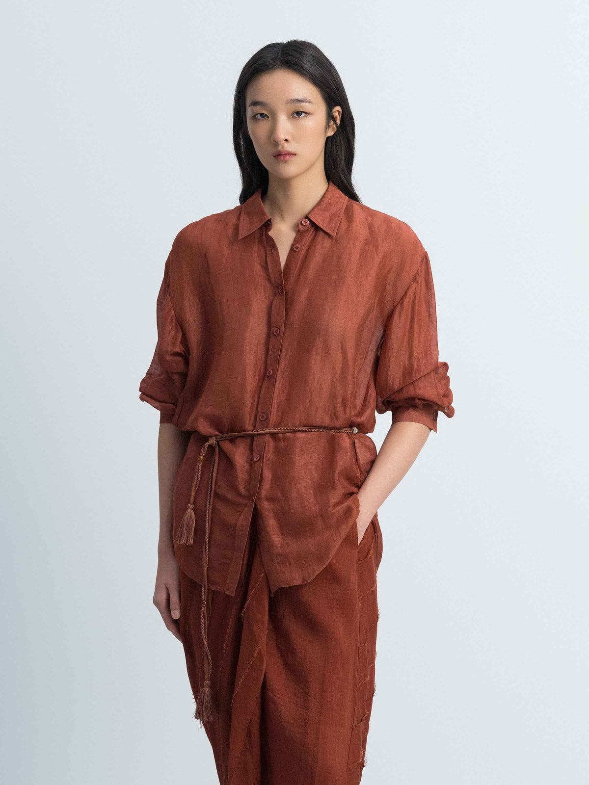 Dark Red Silk Linen Bead Tie Drop-Shoulder Long-Sleeve Shirt