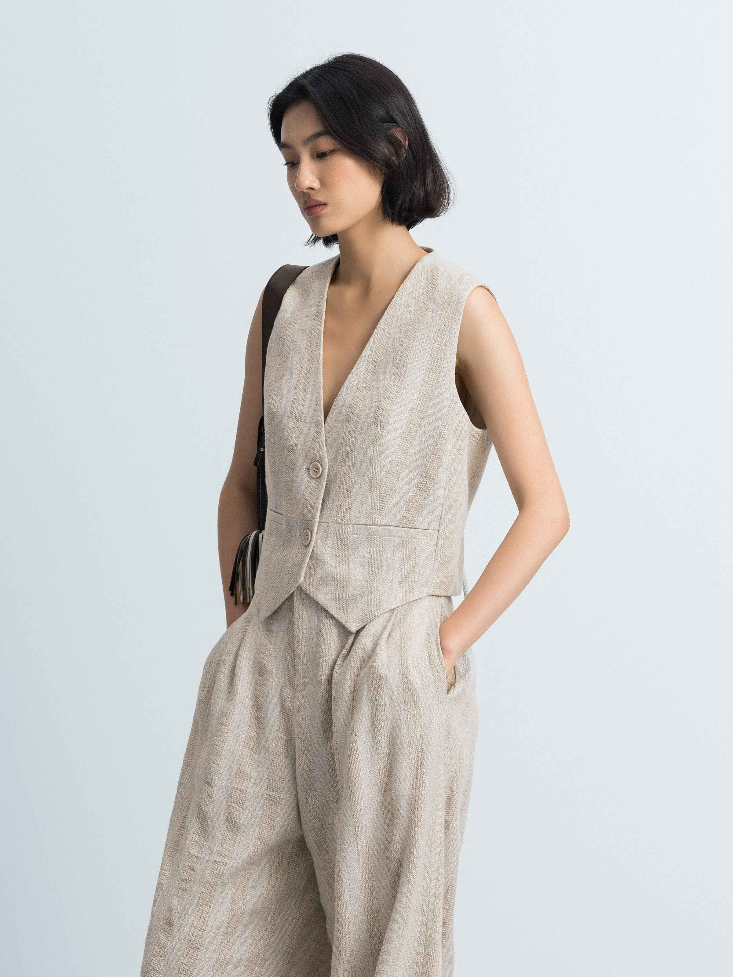 Beige Linen Cotton Striped V-Neck Triangular Hem Vest
