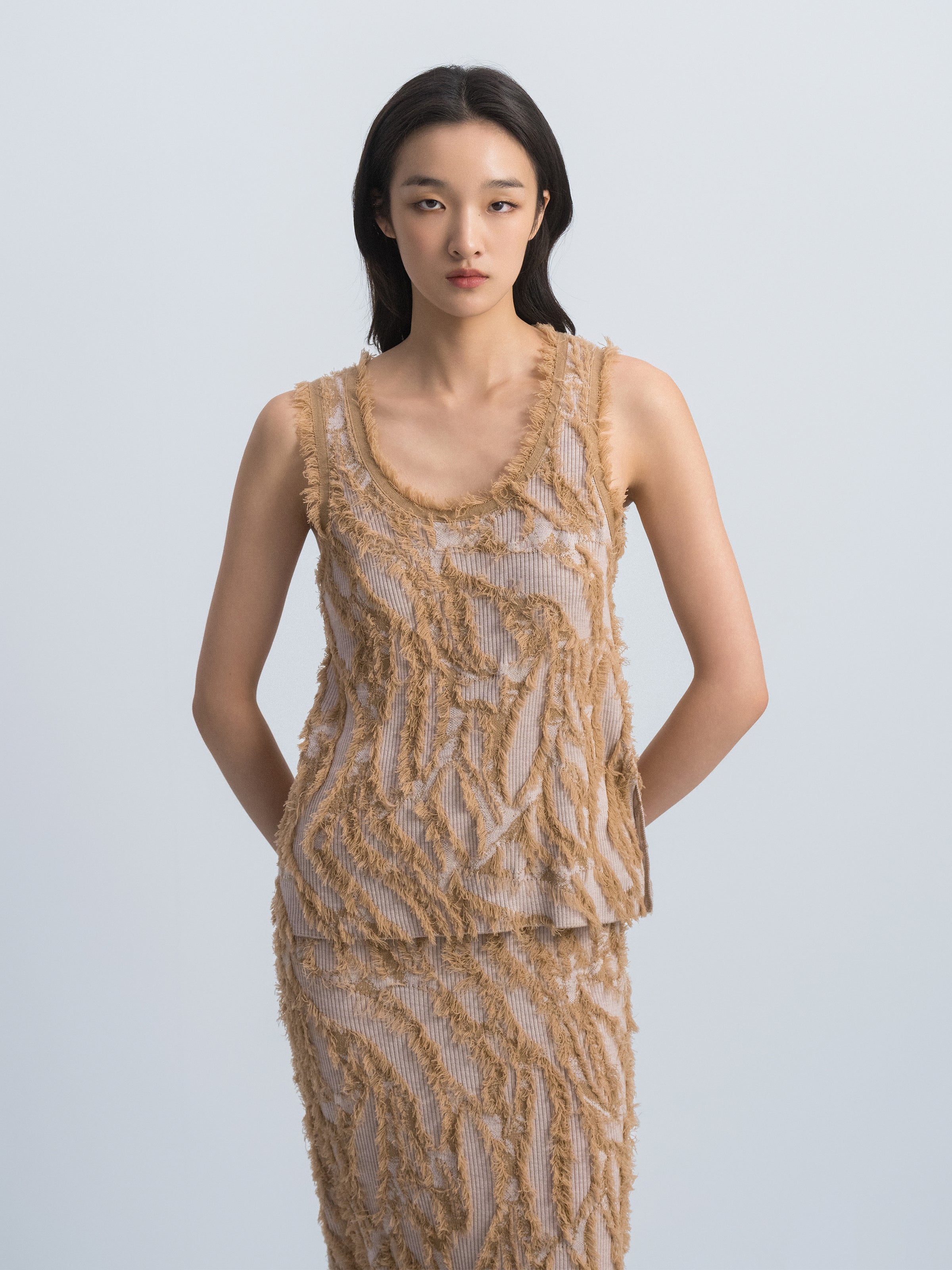Pattern Merino Wool Fringe Jacquard U Neck Knit Vest