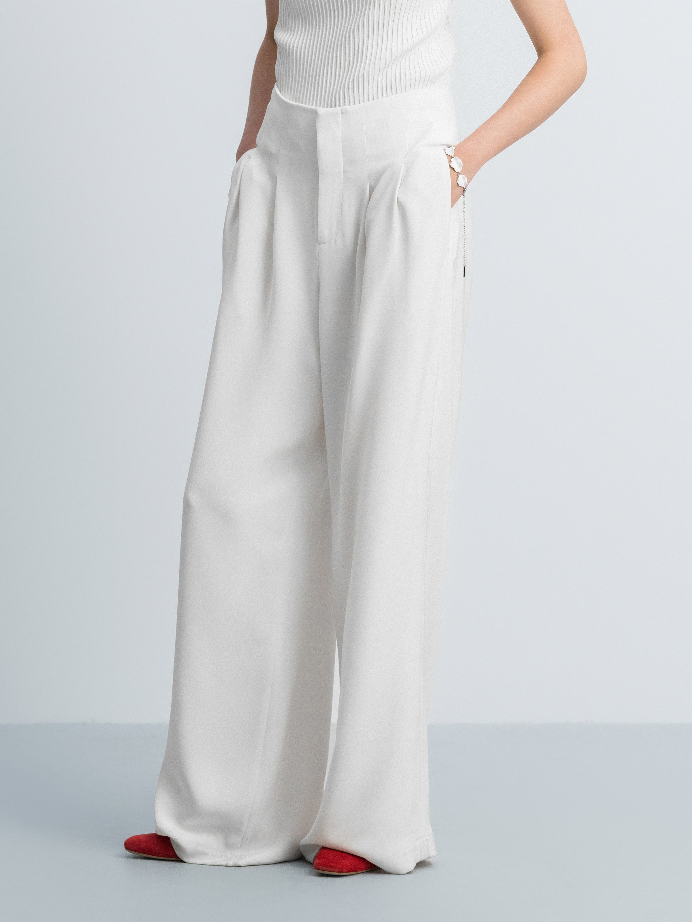 Cream White Mulberry Silk Double Pleat Wide-Leg Trousers