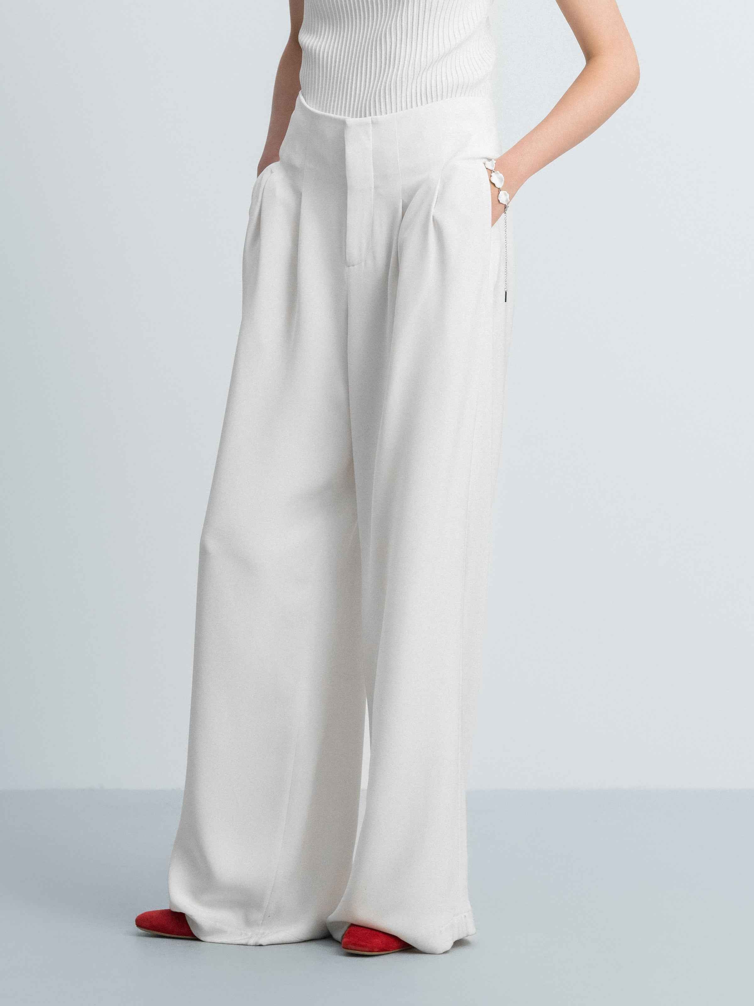 Cream White Mulberry Silk Double Pleat Wide-Leg Trousers