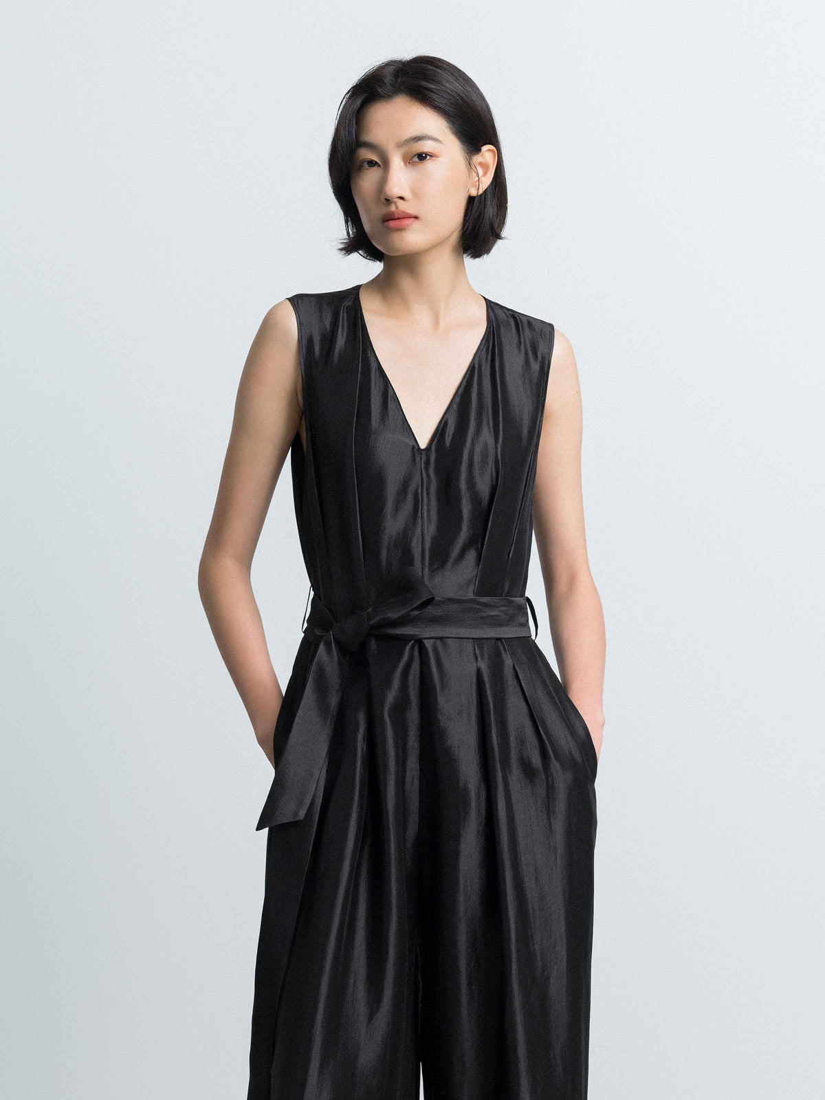 Black Shiny Silk Fitted Waist Wide Streamer Jumpsuit