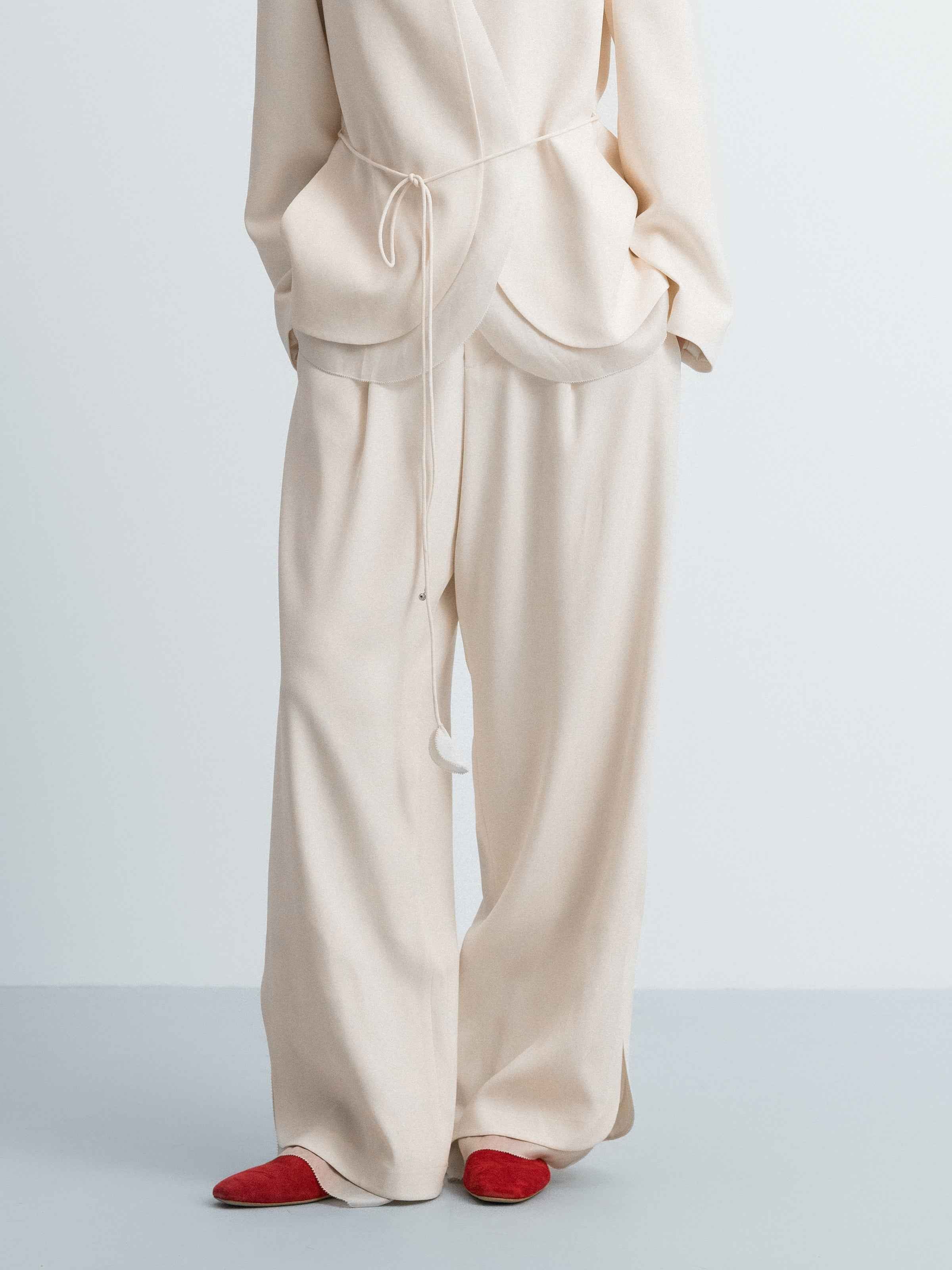 Cream White Triacetate Organza Mesh Wide-Leg Trousers