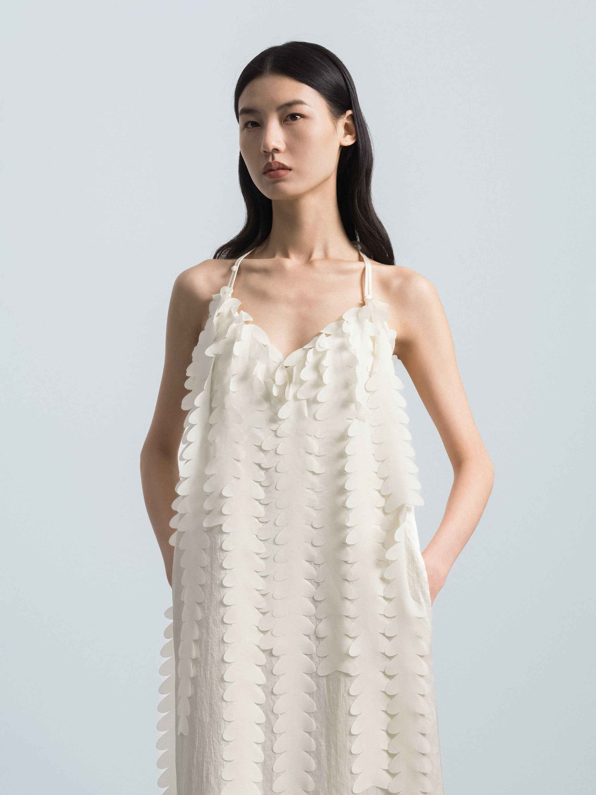 Cream White Acetate V-Neck Double Strap Floral Slip Dress