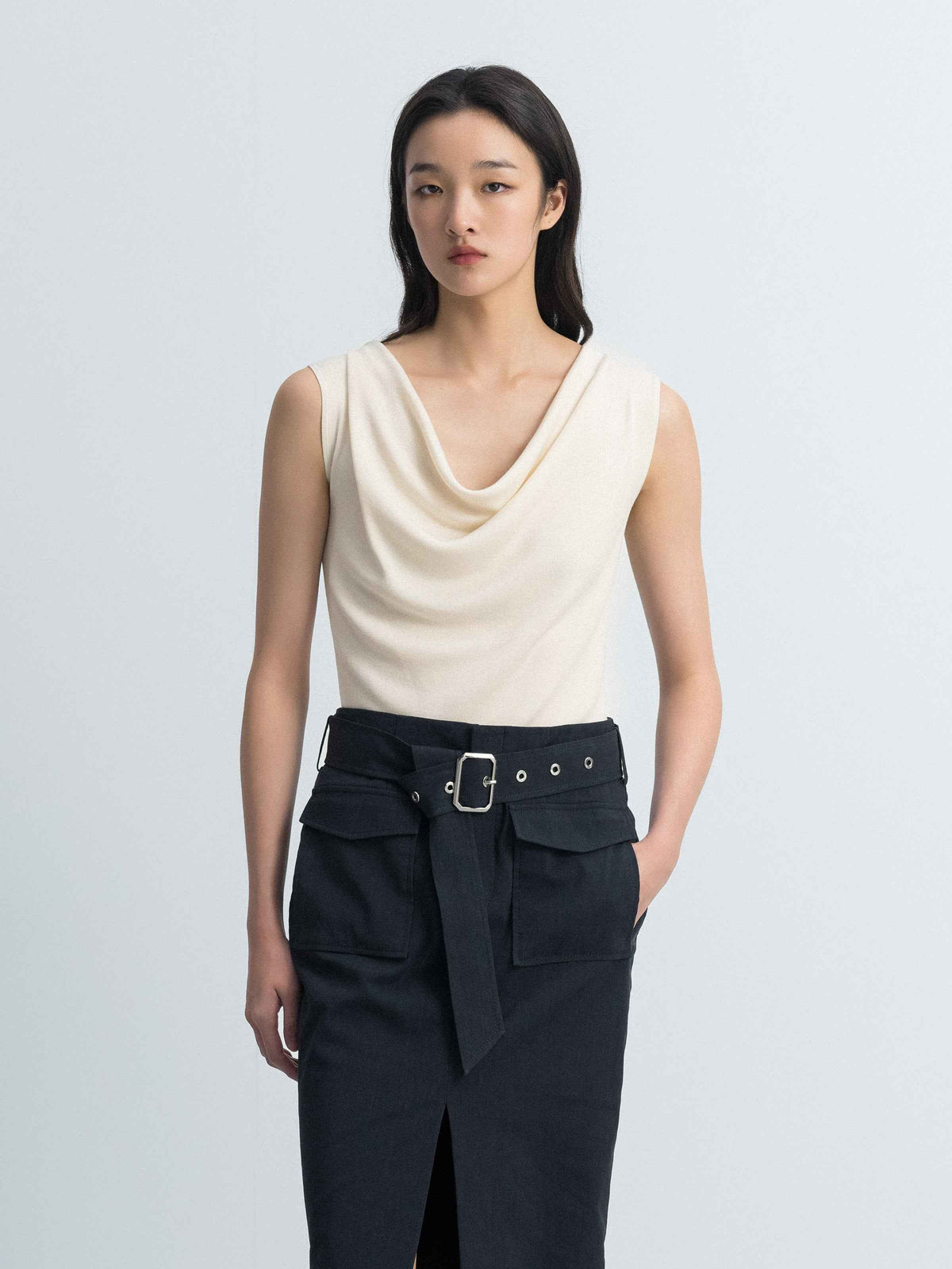 Cream White Acetate Blend Draped Neck Fitted Knit Sweater