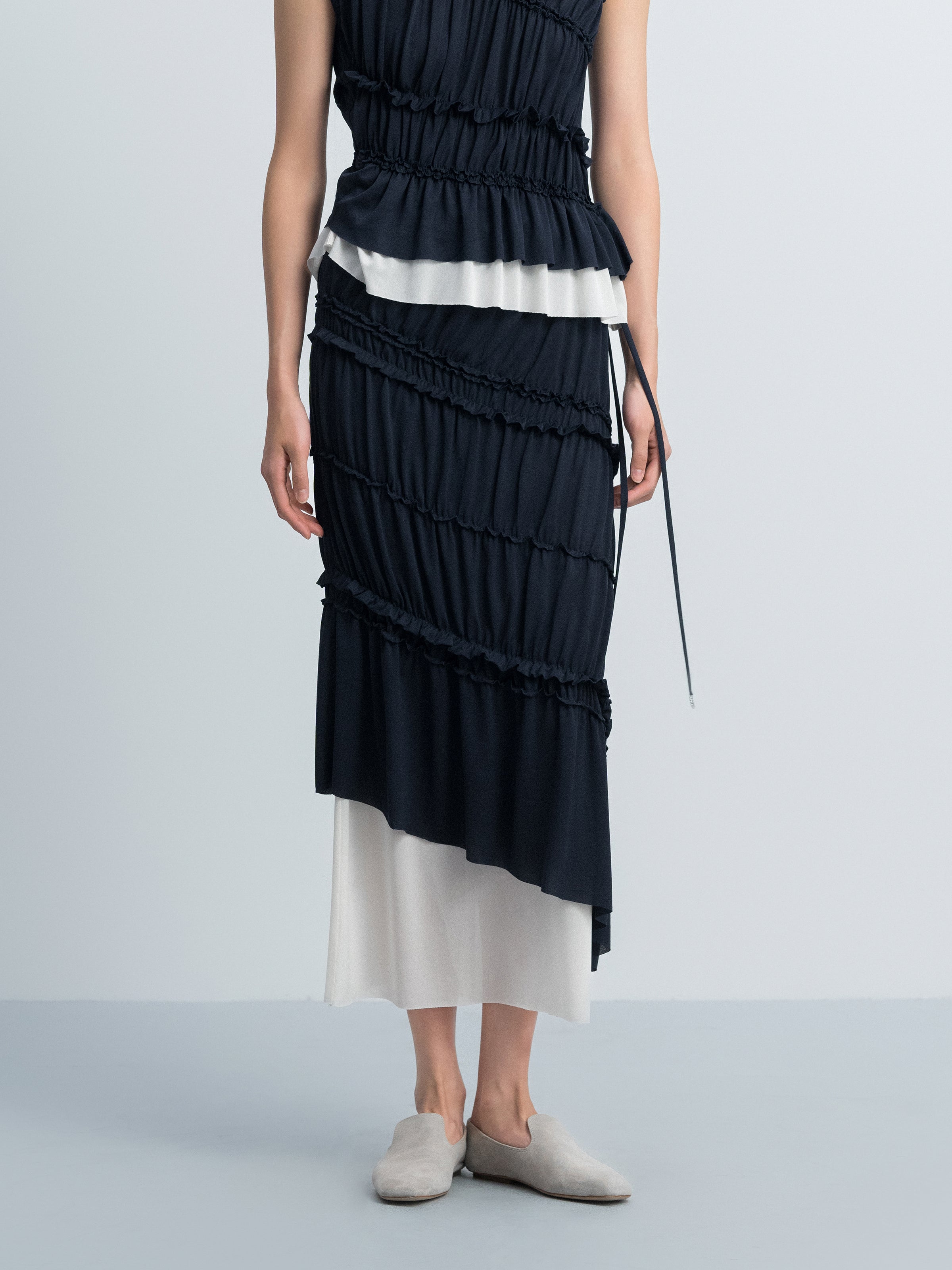 Navy Blue Acetate Knit Diagonal Shirring Irregular Midi Skirt
