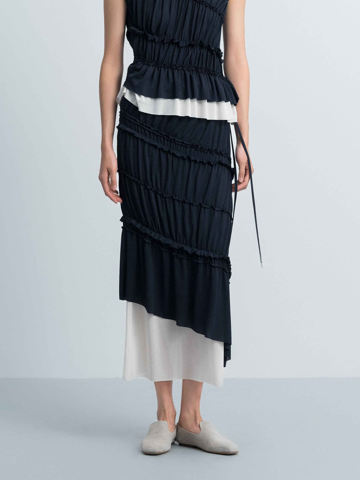 Navy Blue Acetate Knit Diagonal Shirring Irregular Midi Skirt