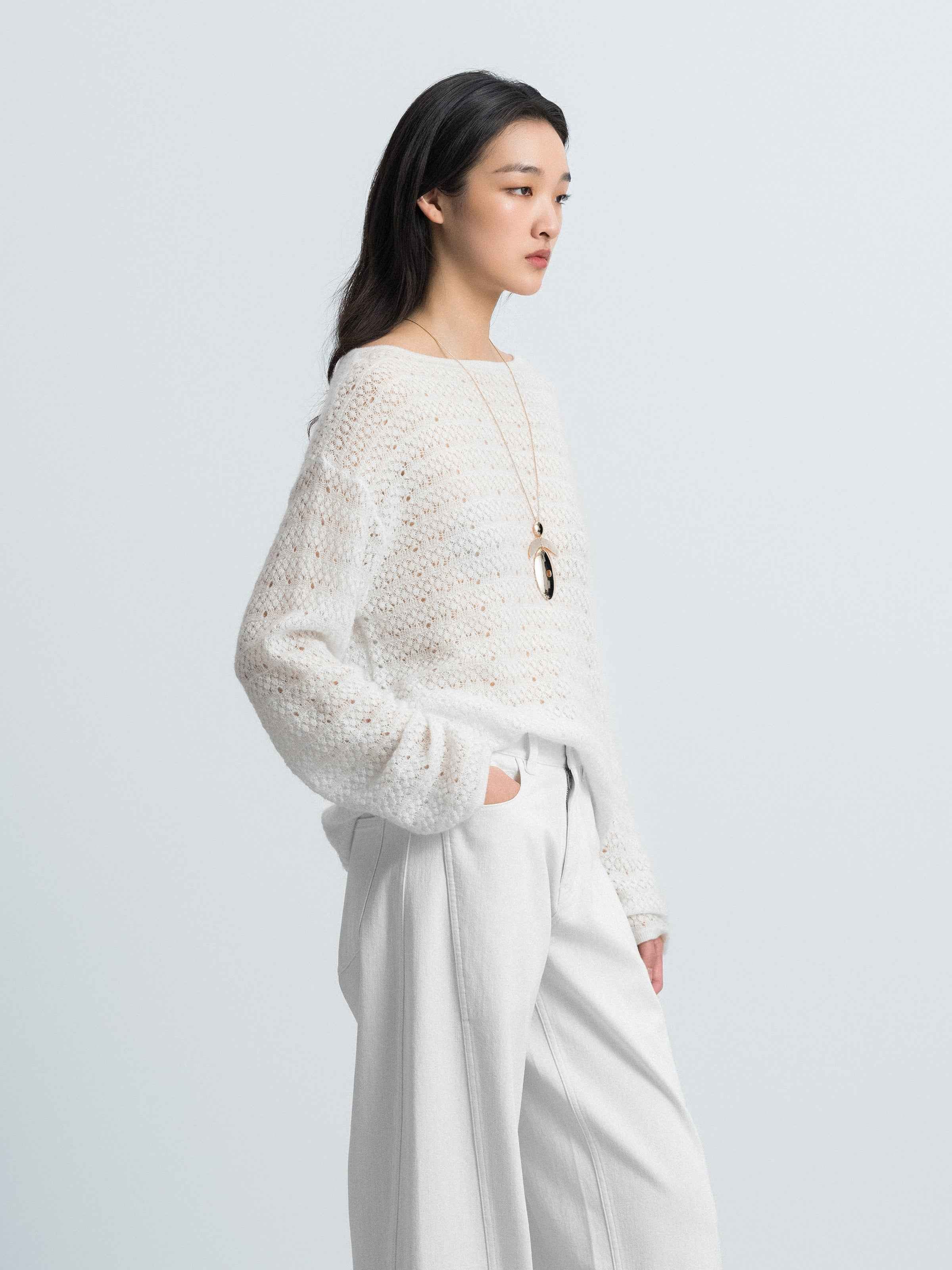 Off White Alpaca Wool Tencel Openwork Knit Pullover