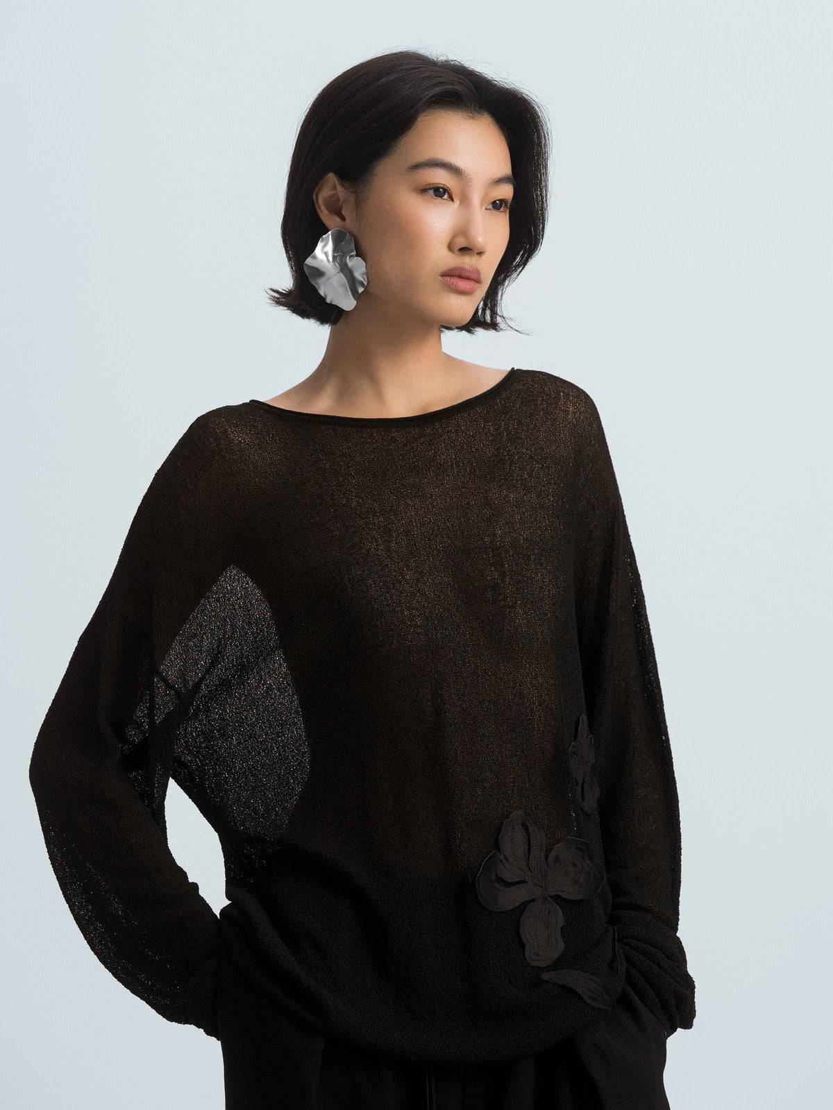 Black Italian Viscose Boat Neck Floral Knit Pullover