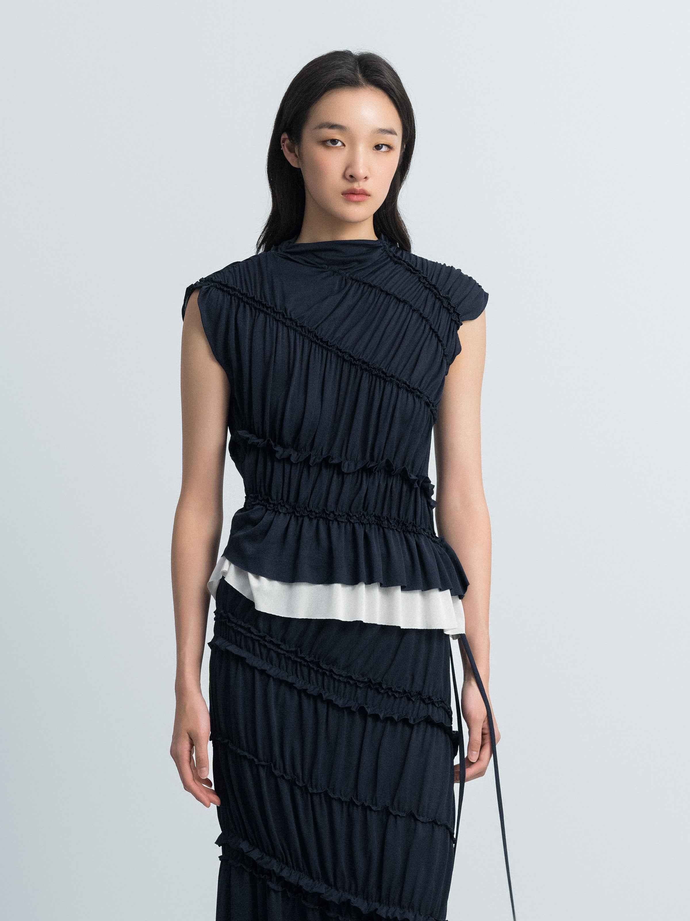Navy Blue Acetate Knit Fitted Sleeveless Color-Block Top