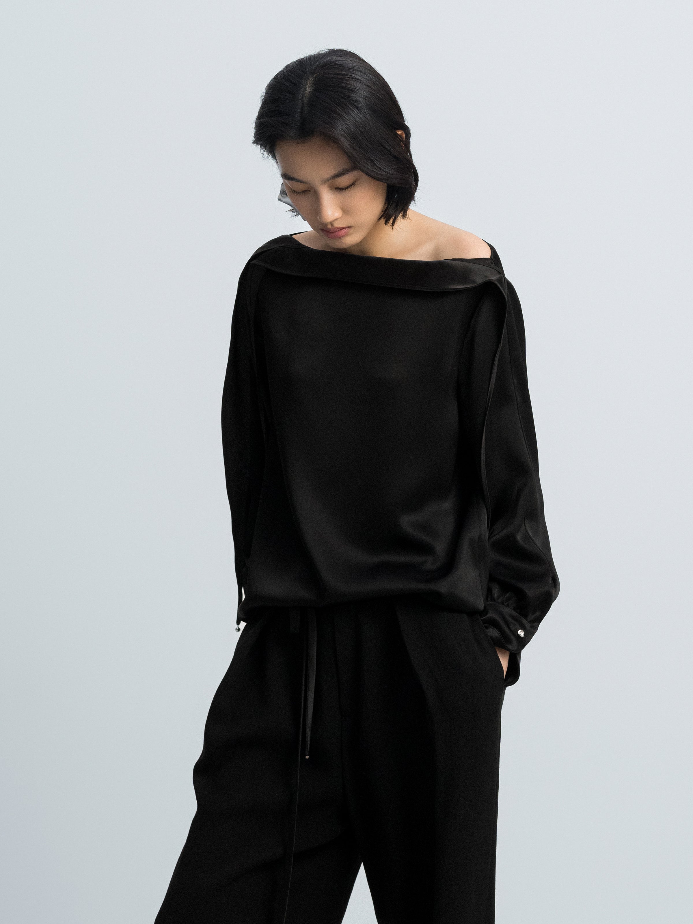 Black Acetate Double Satin Boat Neck Crossover Top