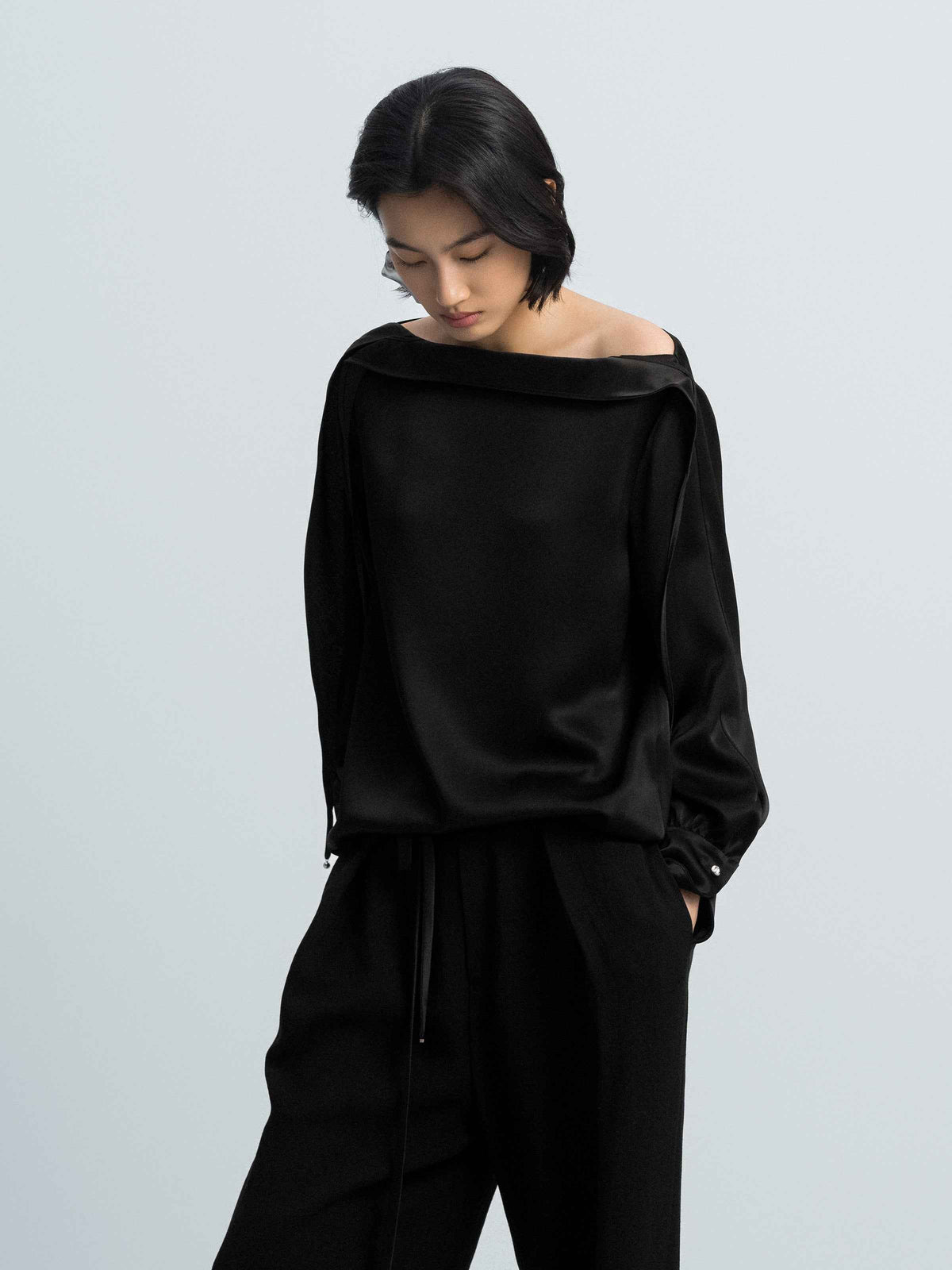 Black Acetate Double Satin Boat Neck Crossover Top