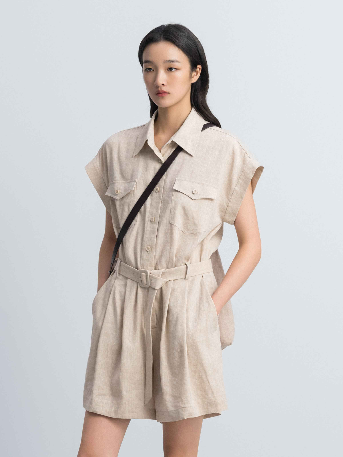 Oatmeal Linen Blend Drop-Shoulder D-Ring Belt Romper